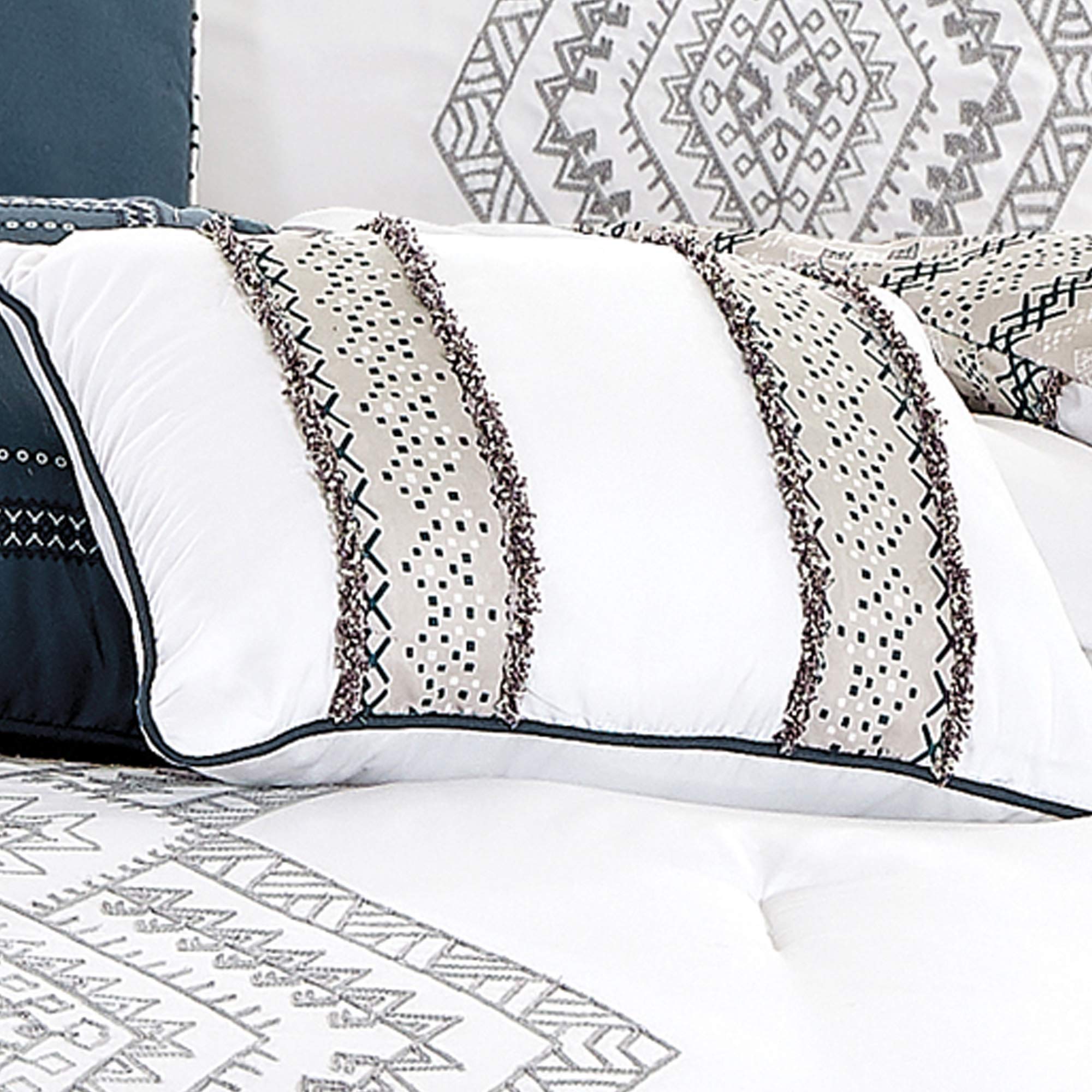 Luxury 8-Piece Full/Queen Comforter Set - White Gray Navy Striped Pattern with Shams & Decorative Pillows | Soft Linen Bedding Collection for Master Bedroom & Guest Room | Bed in a Bag Convenience