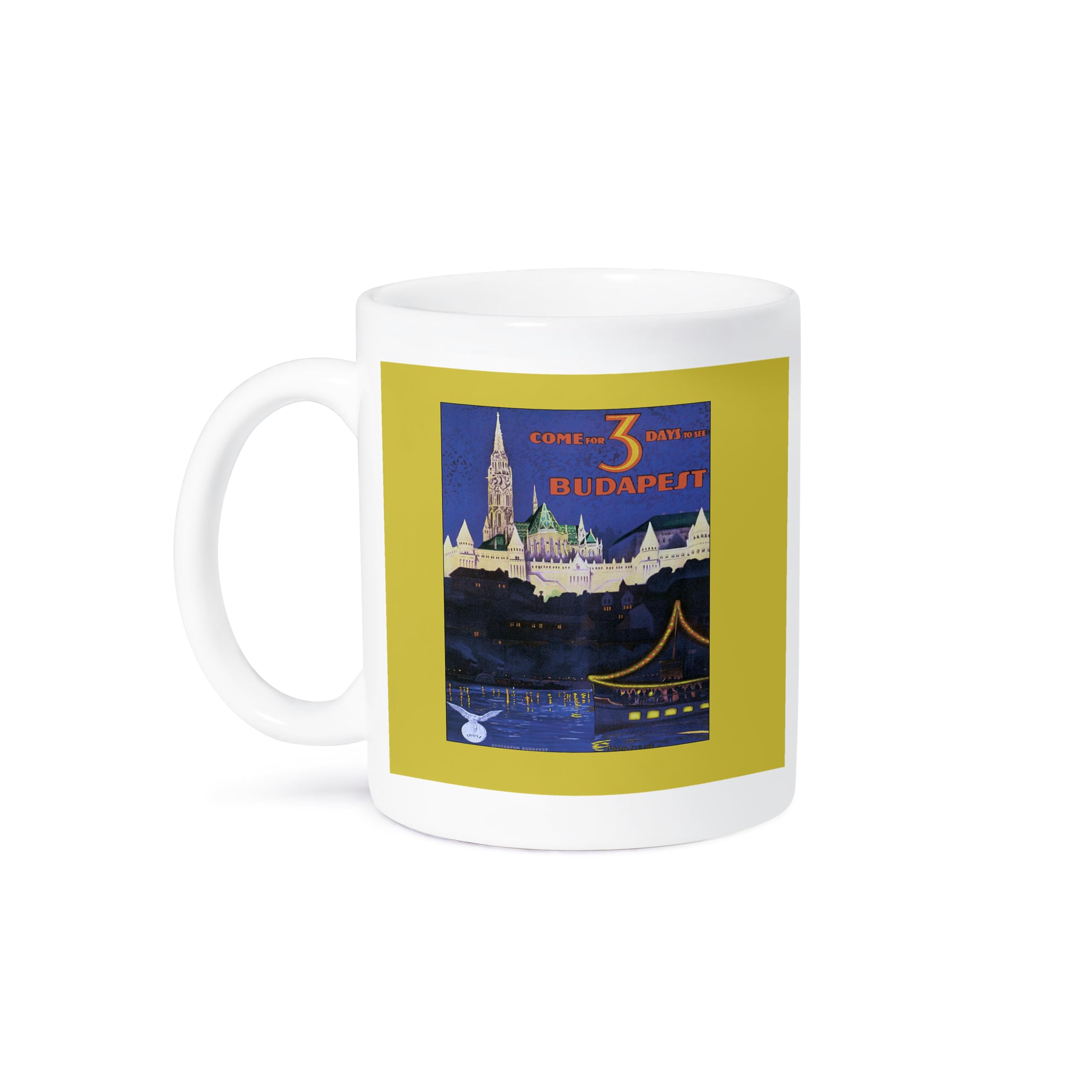 3dRose 11oz Vintage Budapest Travel Poster Coffee Mug - Night on the Water with Lights Design - Funny Novelty Gift Cup for Coffee Lovers, Office Use & Home Decor