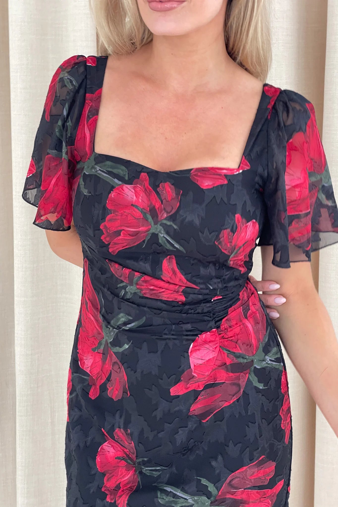 Heidi Ruched Midi Dress for Women - Floral Print Summer Dress in Black & Red | Perfect for Cocktail Parties, Date Nights & Beach Vacations