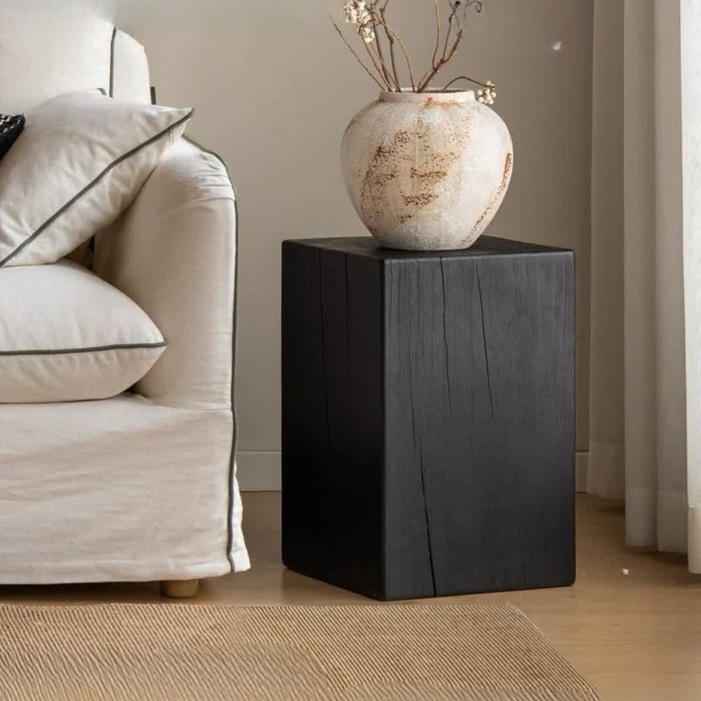 Pine Solid Wood Wabi Sabi Style Side Table - Handcrafted Natural Wood Nightstand for Bedroom, Living Room & Office - Rustic Minimalist End Table with Organic Texture