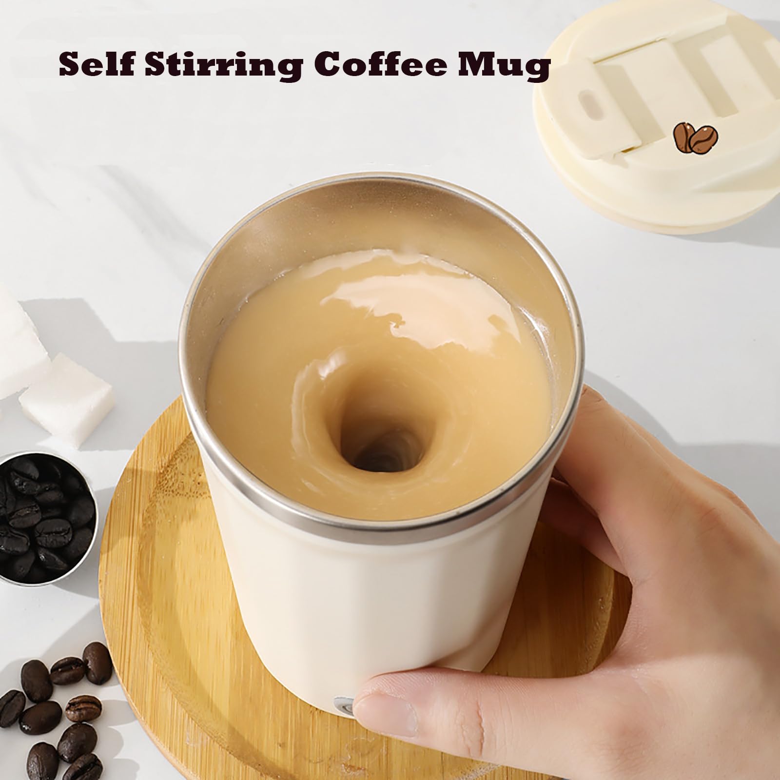13.5 oz Self Stirring Coffee Mug - Automatic Mixing Cup with Magnetic Stirrer - White - Perfect for Office, Travel & Home Use