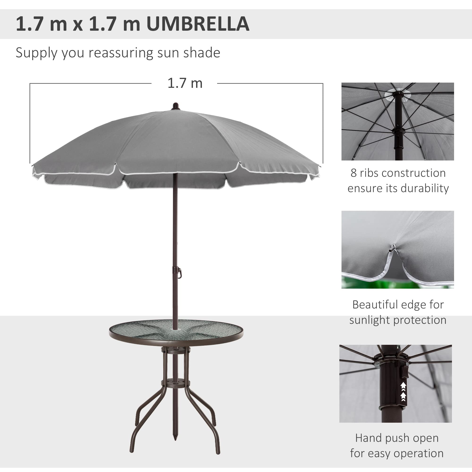 Outsunny 6-Piece Gray Patio Dining Set for 4 with Umbrella - Outdoor Round Glass Table & 4 Folding Chairs for Garden, Backyard, Poolside & BBQ Parties | Weather-Resistant & Space-Saving Design