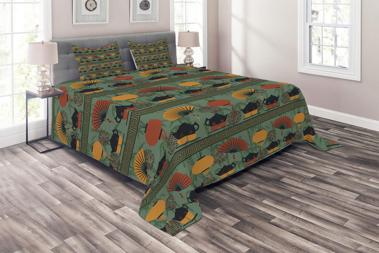 Ambesonne Tea Party Quilt Set - Ethnic Grunge Bamboo Branches Chinese Folkloric Design, 3-Piece King Size Bedspread with 2 Pillow Shams in Reseda Green & Marigold | Perfect for Bohemian Bedroom Decor, Guest Room Styling & Cultural Home Accents
