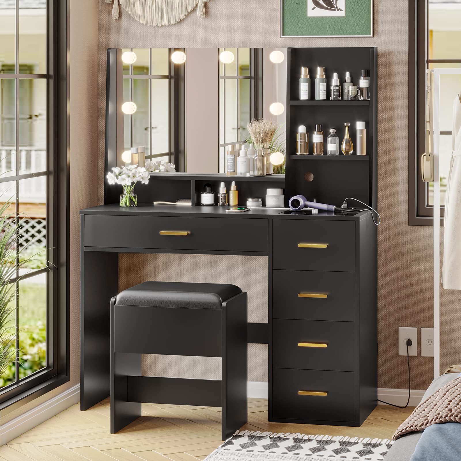 AOGLLATI Makeup Vanity Set with LED Lights & USB Charging Station, Black Vanity Desk with Mirror, Cushioned Stool, Jewelry Organizers & Storage Shelves - Perfect for Bedroom, Dressing Room & Beauty Salon