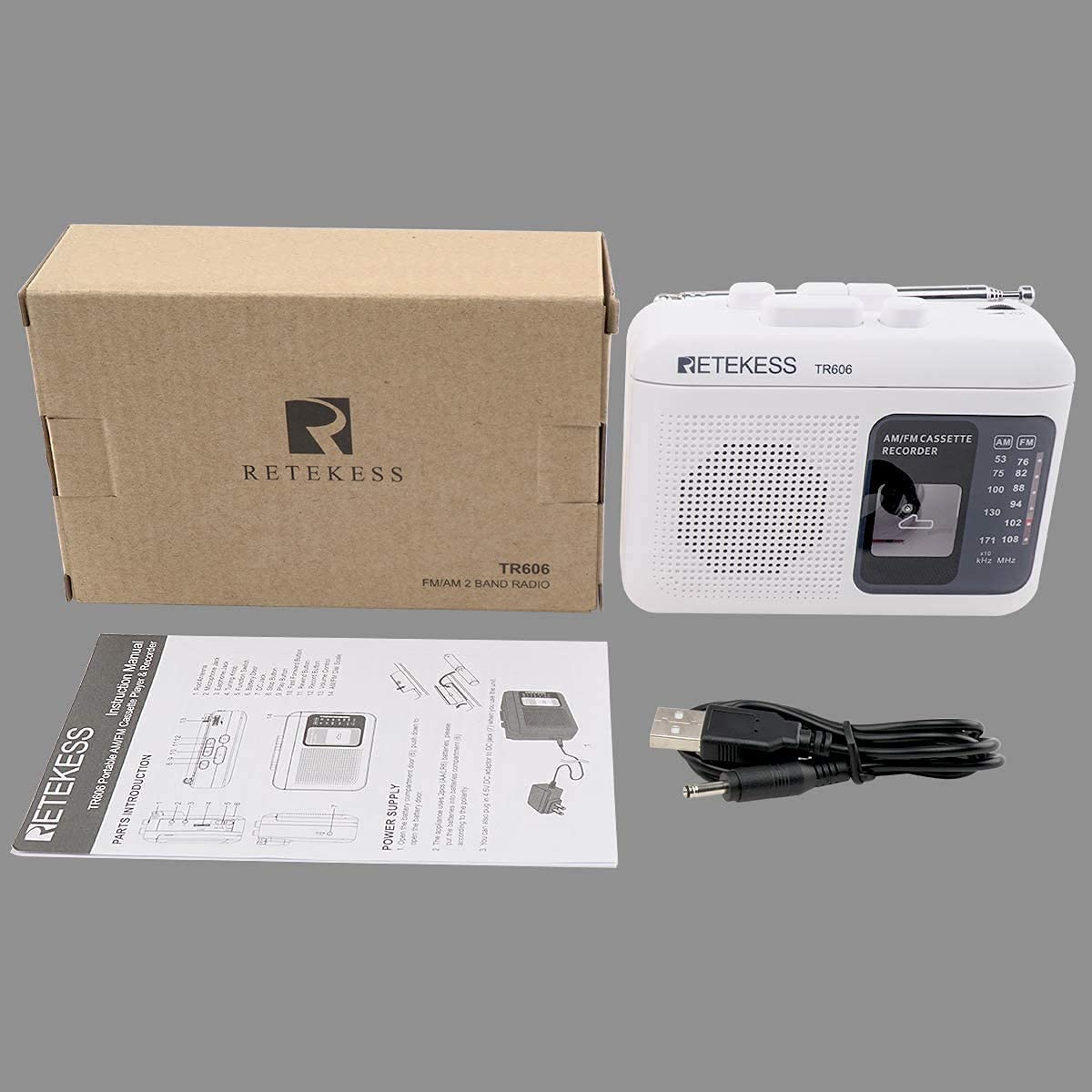 Retekess TR606 Portable AM/FM Radio Cassette Player & Recorder with 3.5mm Headphone Jack, Fast Forward/Rewind - Perfect for Home, Office, Travel and Christmas Gifts (White)