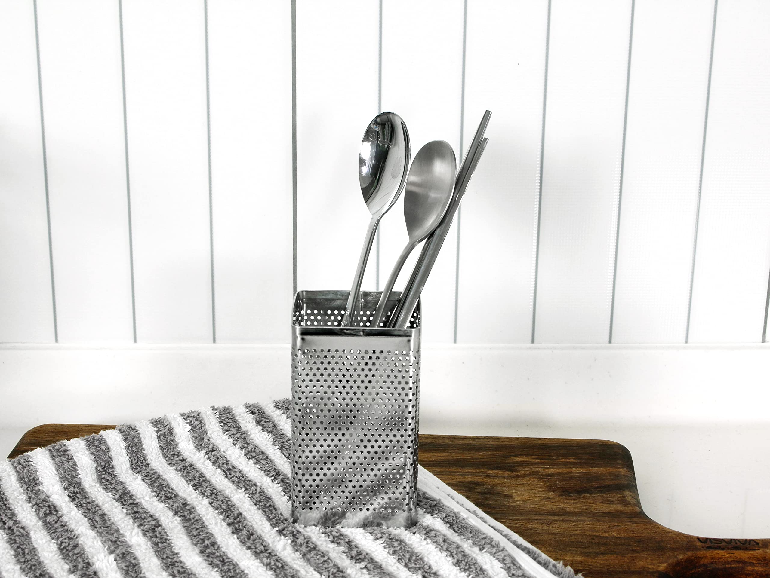 Stainless Steel Perforated Chopsticks Holder with Hooks - Kitchen Utensil Organizer, Dishwasher Safe, Small Square - Perfect for Asian Cooking & Kitchen Storage