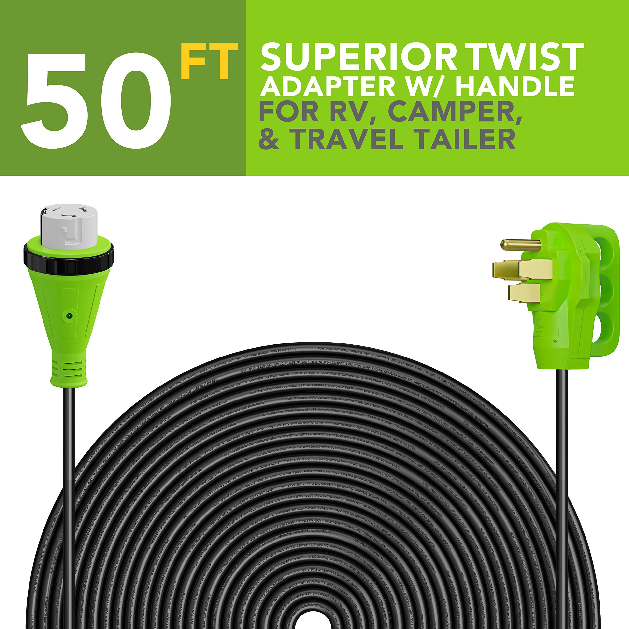 50 Amp 50-Foot Heavy Duty Extension Cord with 50 AMP Male Standard & Female Locking Adapter - Perfect for RV, Camper, Marine, and Outdoor Power Supply