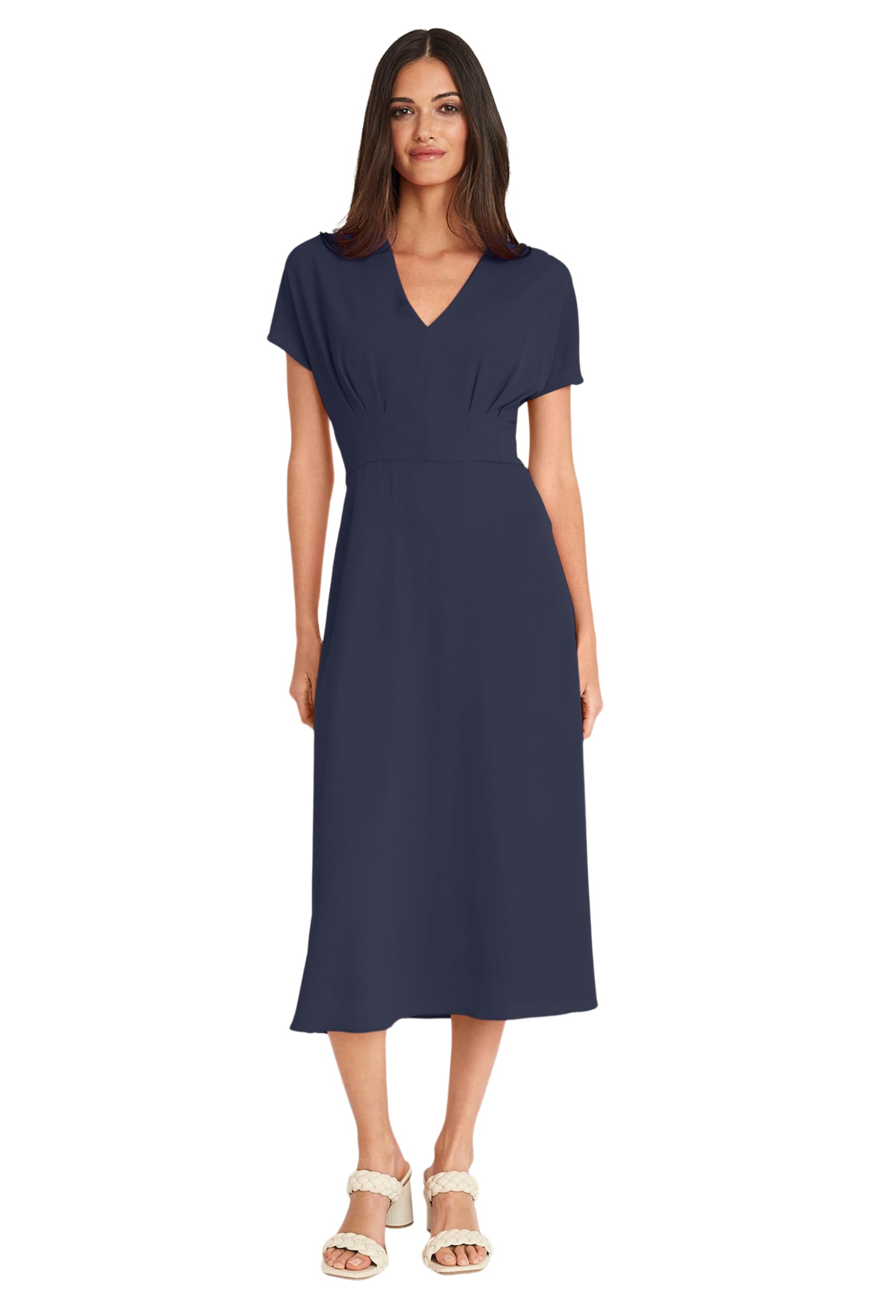 Maggy London Women's Versatile V-Neck Short Sleeve A-Line Midi Dress - Perfect for Weddings, Cocktail Parties & Special Occasions