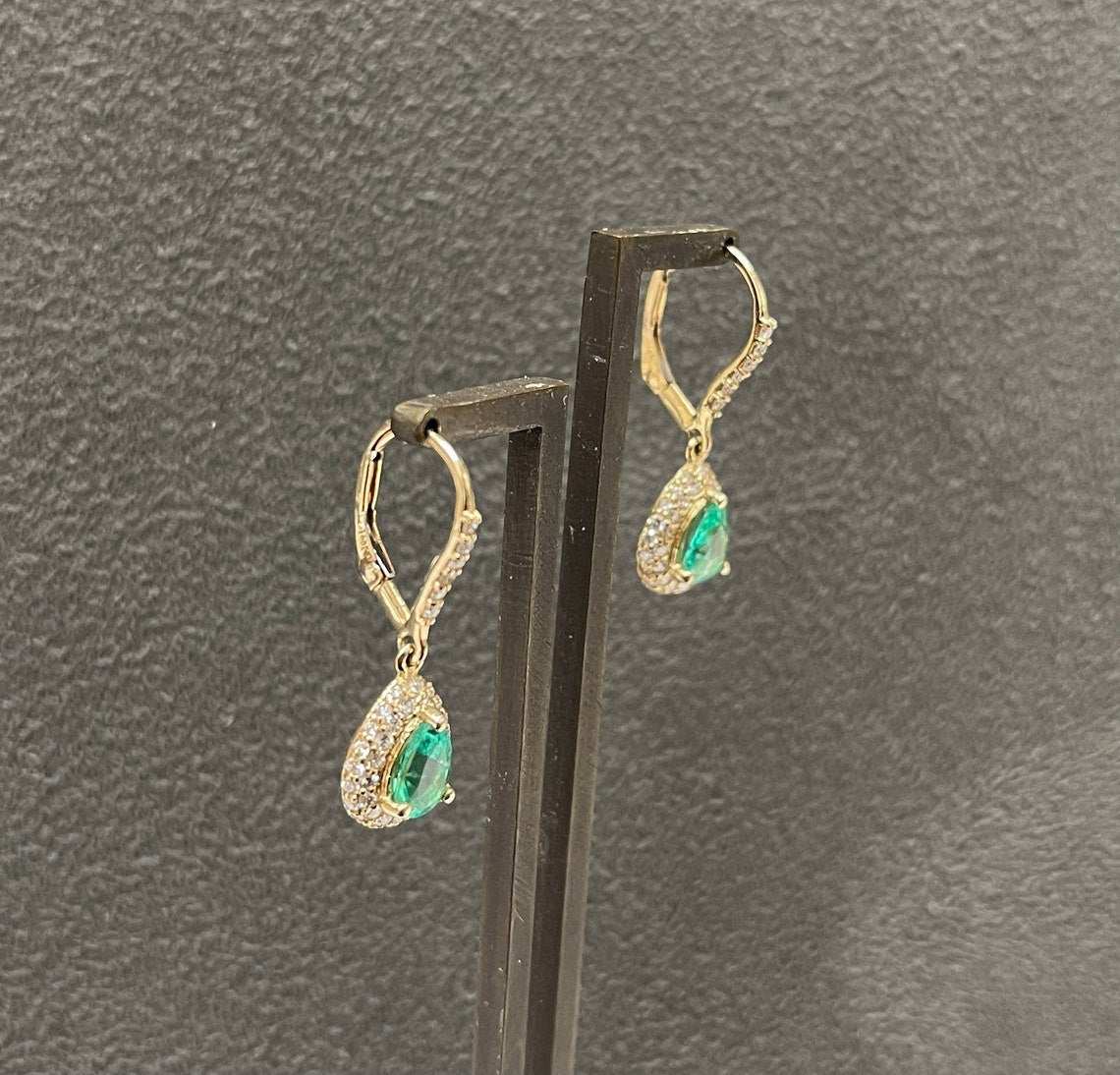 2.50tcw Colombian Emerald & Pave Diamond Teardrop Lever Back Dangle Earrings in 14K Gold - Elegant Jewelry for Weddings, Parties & Special Occasions