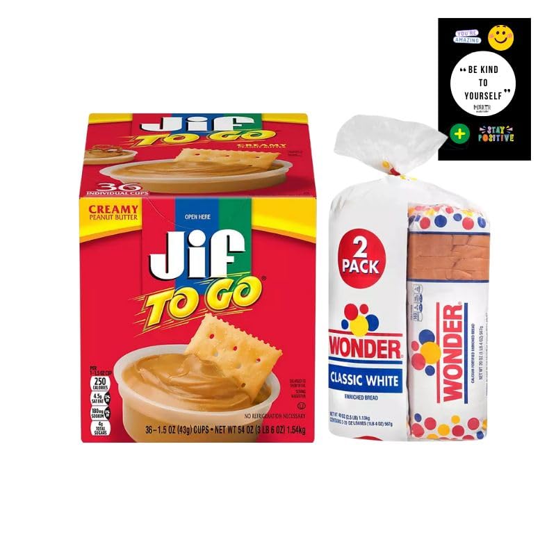 Jif To Go Creamy Peanut Butter 36 Count Packs & Wonder Classic White Bread 20 oz (2 Pack) - Healthy Snacks for School Lunches, Office Breaks, Family Picnics and Outdoor Adventures - Peanut Butter Sandwich Supplies for Kids and Adults