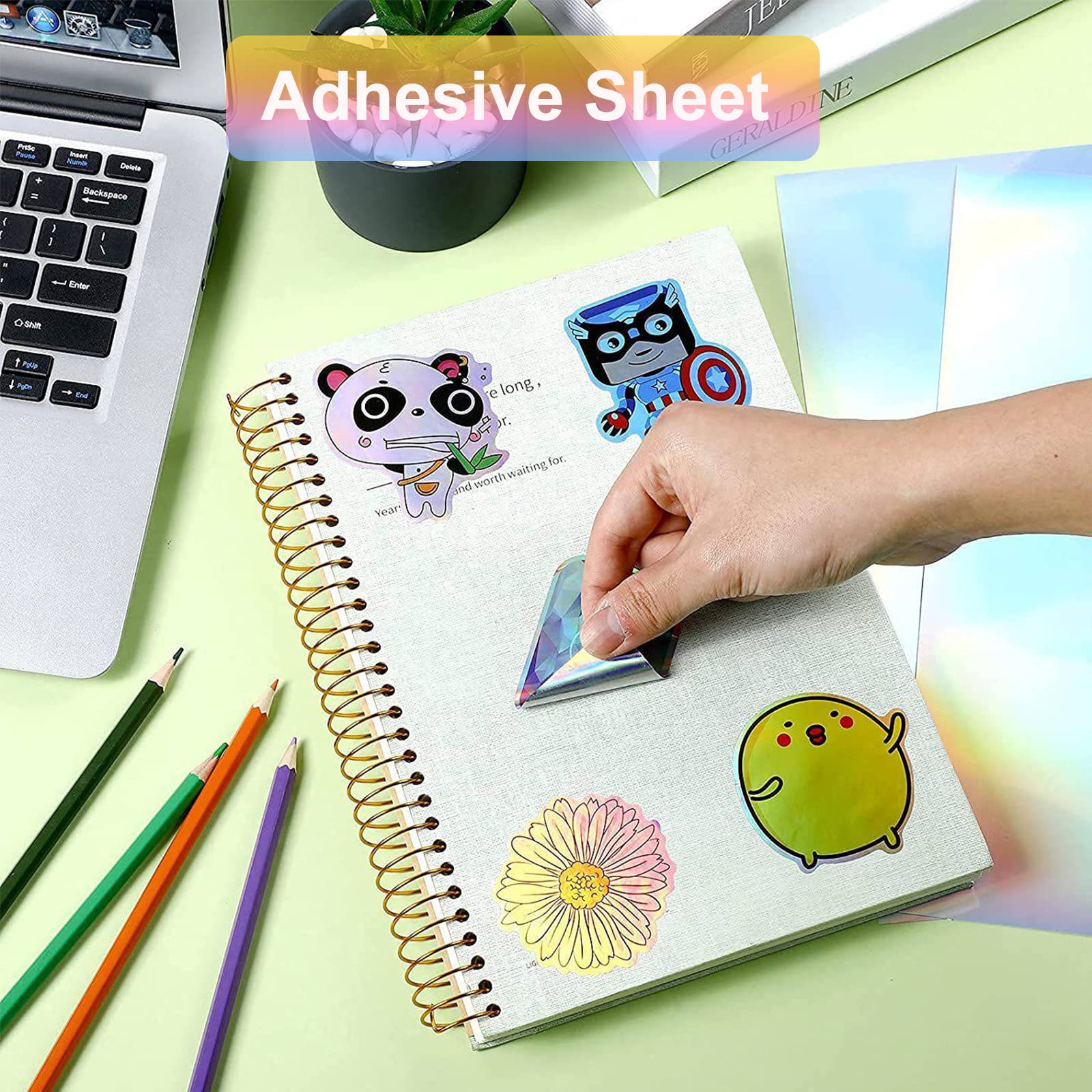 WANDIC Printable Holographic Sticker Paper - 16 Sheets Self-Adhesive Waterproof Vinyl Sticker Sheets for Inkjet & Laser Printers - DIY Crafts, Scrapbooking, Laptop Decoration, Water Bottle Labels, Gift Packaging