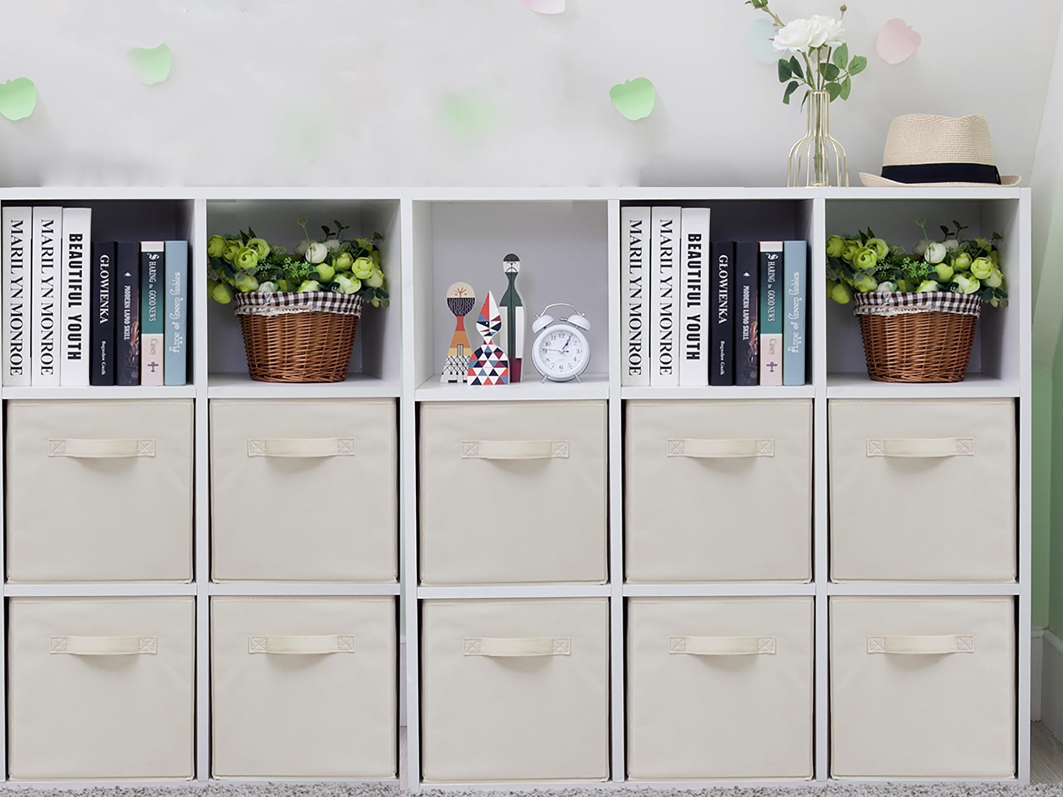 11 Inch Fabric Storage Cubes - Set of 10 Foldable Closet Organizer Bins with Handles | Beige Cubby Storage Baskets for Shelves, Clothing & Home Organization | Perfect for Bedroom, Nursery & Office Storage Solutions