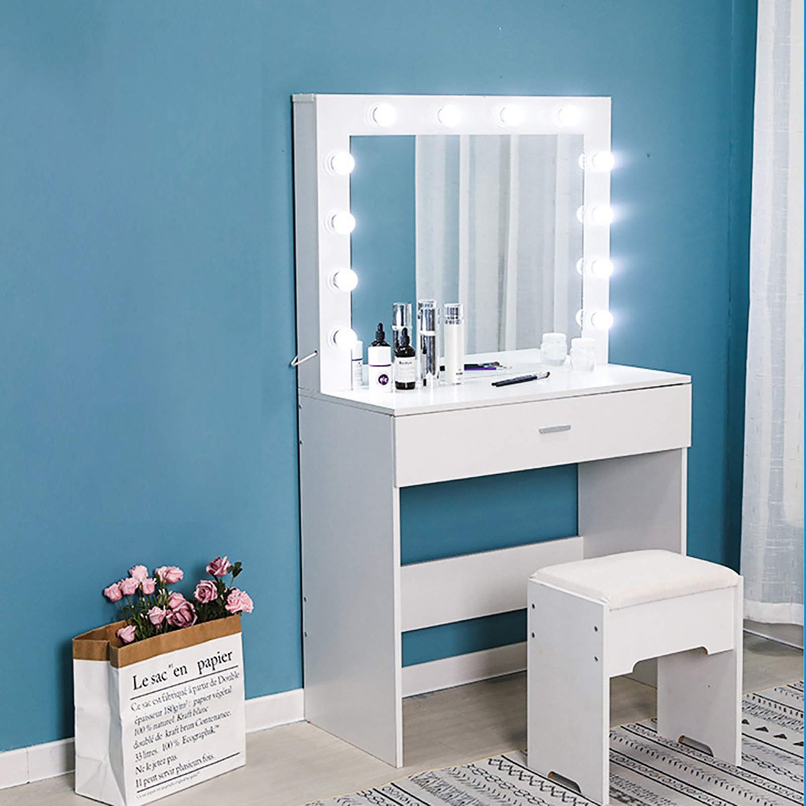 TEEGUI Vanity Set with Lighted Mirror - Wooden Dressing Table Makeup Desk with 12 LED Lights, Drawers & Stool | Bedroom Furniture for Women & Girls | Perfect for Makeup Application, Skincare Routine & Home Decor