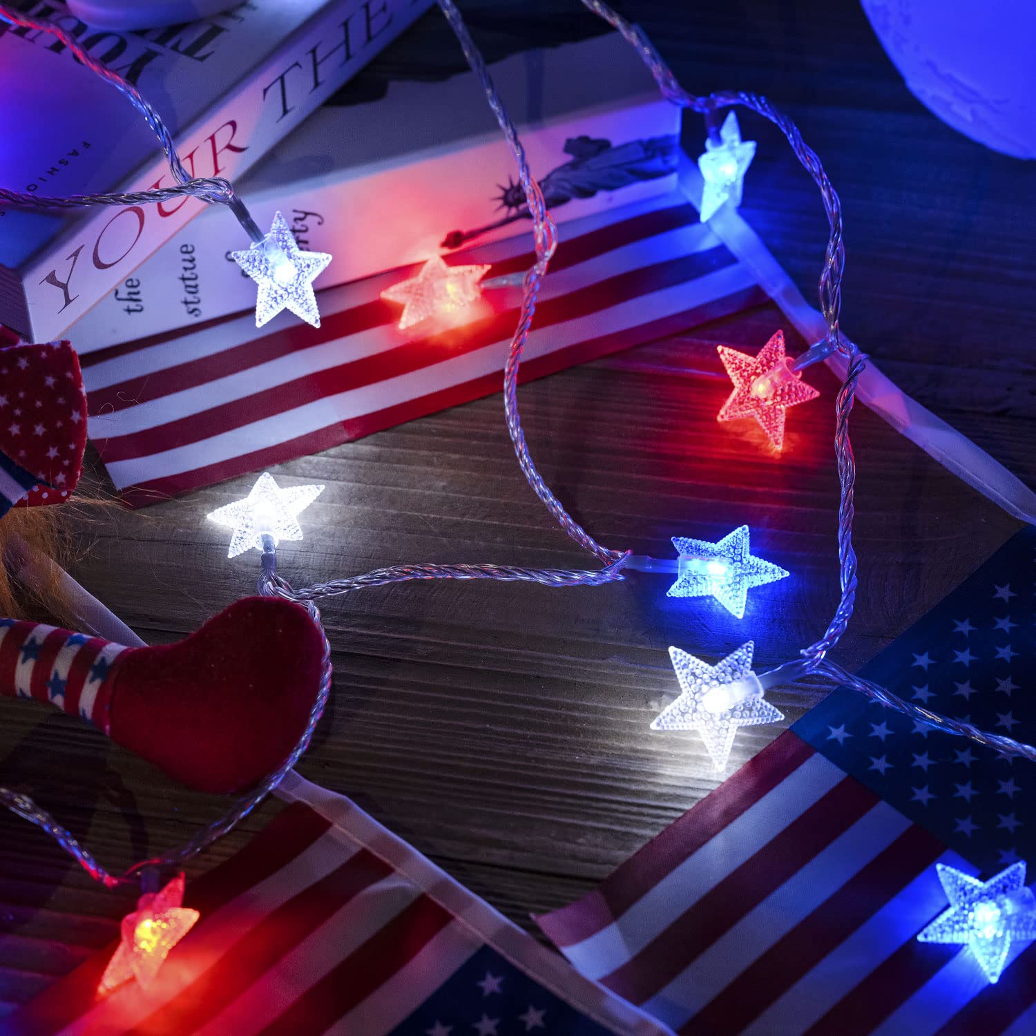 Red White Blue Solar Lights - 100LED Patriotic Star String Lights (51FT) | Waterproof 8 Modes Outdoor Solar Garden Lights for 4th of July, Independence Day, Memorial Day Decor | Perfect for Backyard, Patio, Fence & Holiday Party Lighting