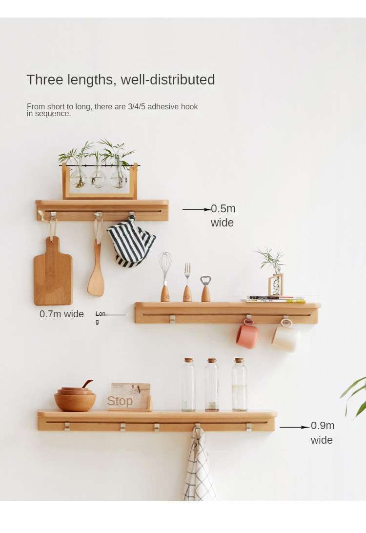 Solid Beech Wood Wall Shelf with Hooks - Rustic Floating Shelf for Kitchen, Bathroom, or Living Room Storage & Decor