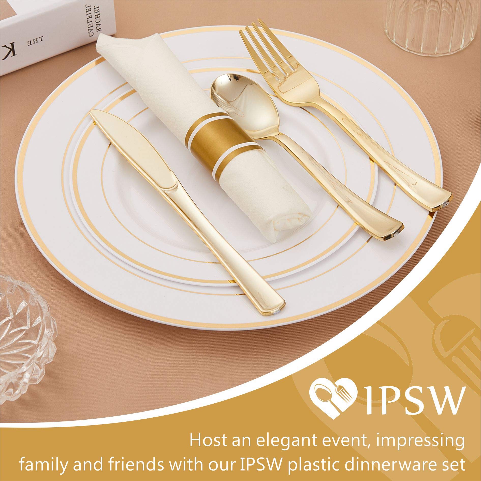 Premium Gold Plastic Plates & Disposable Silverware Set with Rolled Napkins - 72pc Heavy Duty Plastic Dinnerware for 12 Guests (12 Dinner Plates, 12 Dessert Plates, 48 Napkins & Cutlery) - Perfect for Home Parties, Weddings, Baby Showers & Outdoor Events