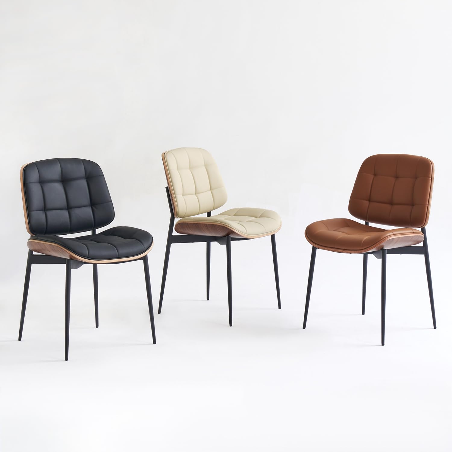 Mid Century Modern Dining Chairs Set of 4 - Walnut Grain Back, Beige Faux Leather Upholstery, Checkered Soft Cushion & Adjustable Foot Pads - Elegant Kitchen & Dining Room Chairs for Home, Restaurant or Cafe