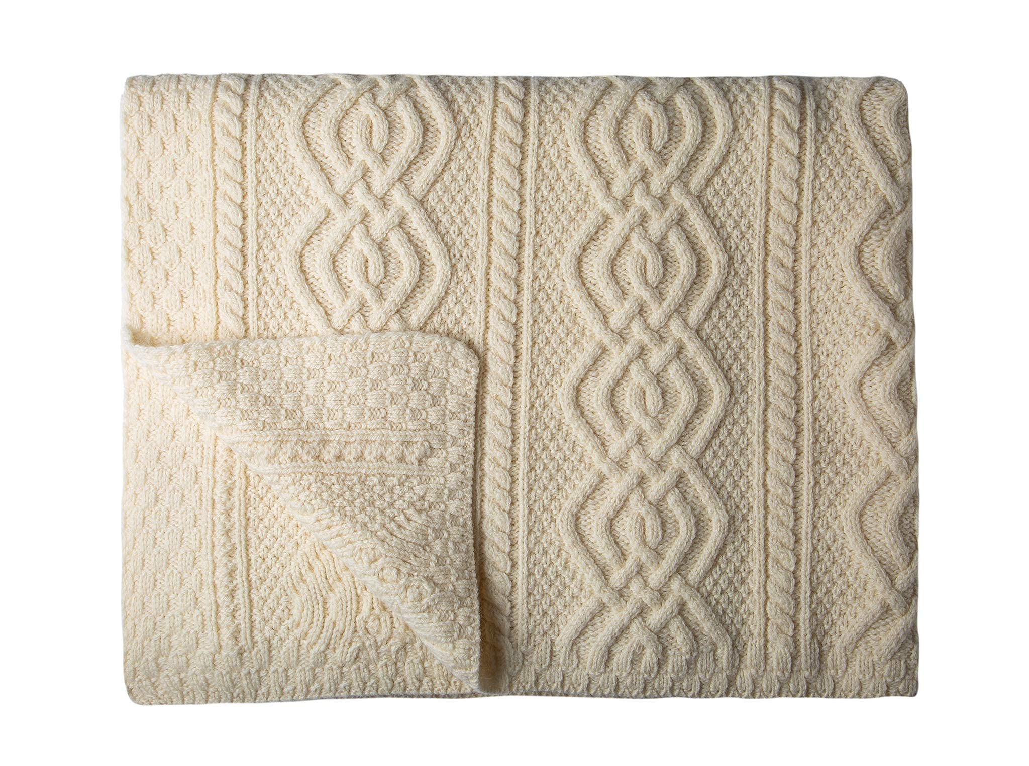 SAOL Luxurious Dara 100% Merino Wool Cable Knit Aran Throw Blanket - Soft Warm Couch Cover & Bed Blanket - Natural Color - 69 x 44 Inches - Perfect for Living Room, Bedroom & Winter Snuggling