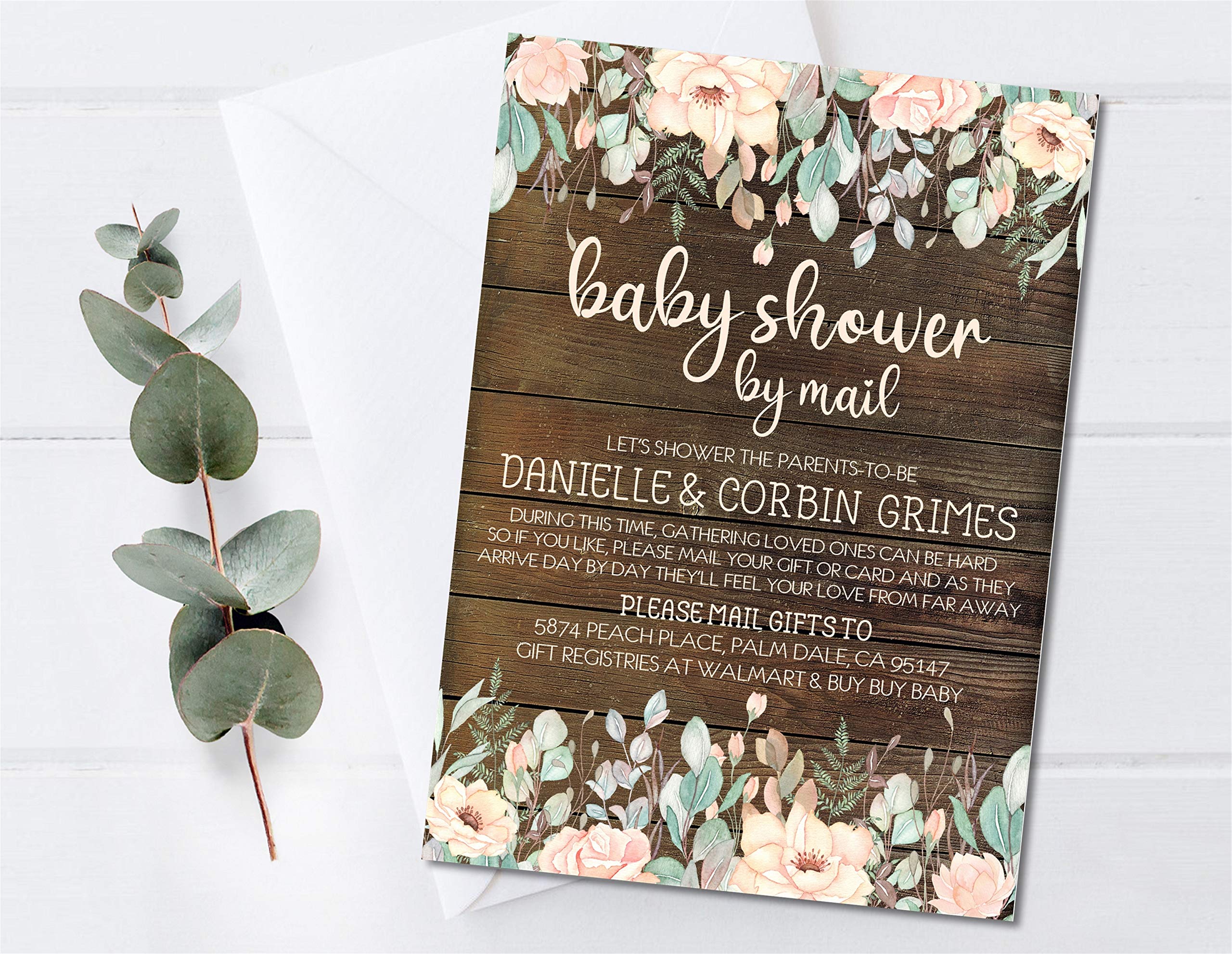 Rustic Peach and Mint Baby Shower Invitations for Girls - Printable & Virtual Invitation Card Sets with Matching Address Labels - Perfect for Long-Distance Celebrations and Virtual Baby Showers