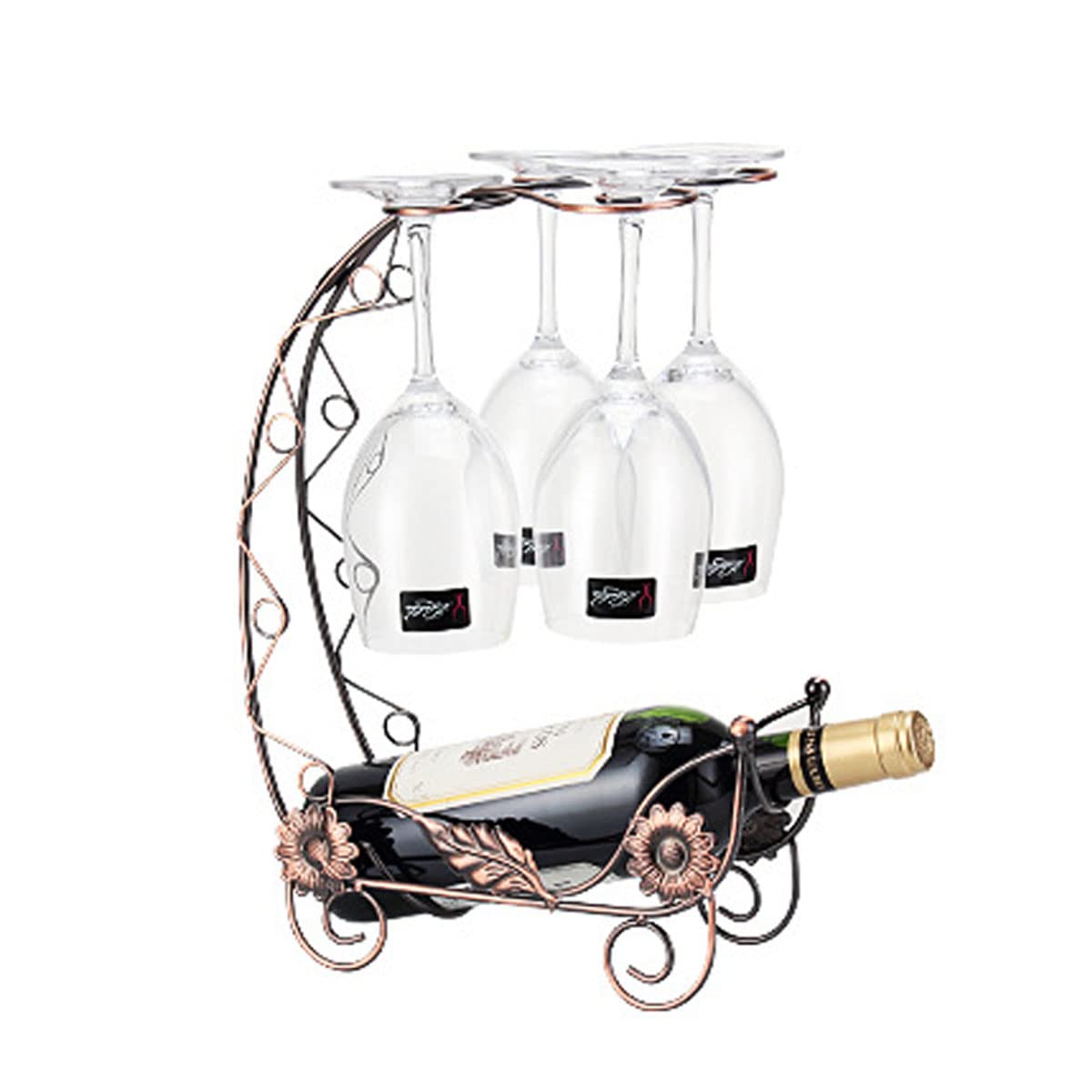 Bronze Tabletop Wine Rack - Holds 1 Bottle & 4 Glasses | Freestanding Wine Storage Stand for Kitchen, Pantry, Cellar or Bar Counter | Perfect for Small Space Wine Organization & Entertaining