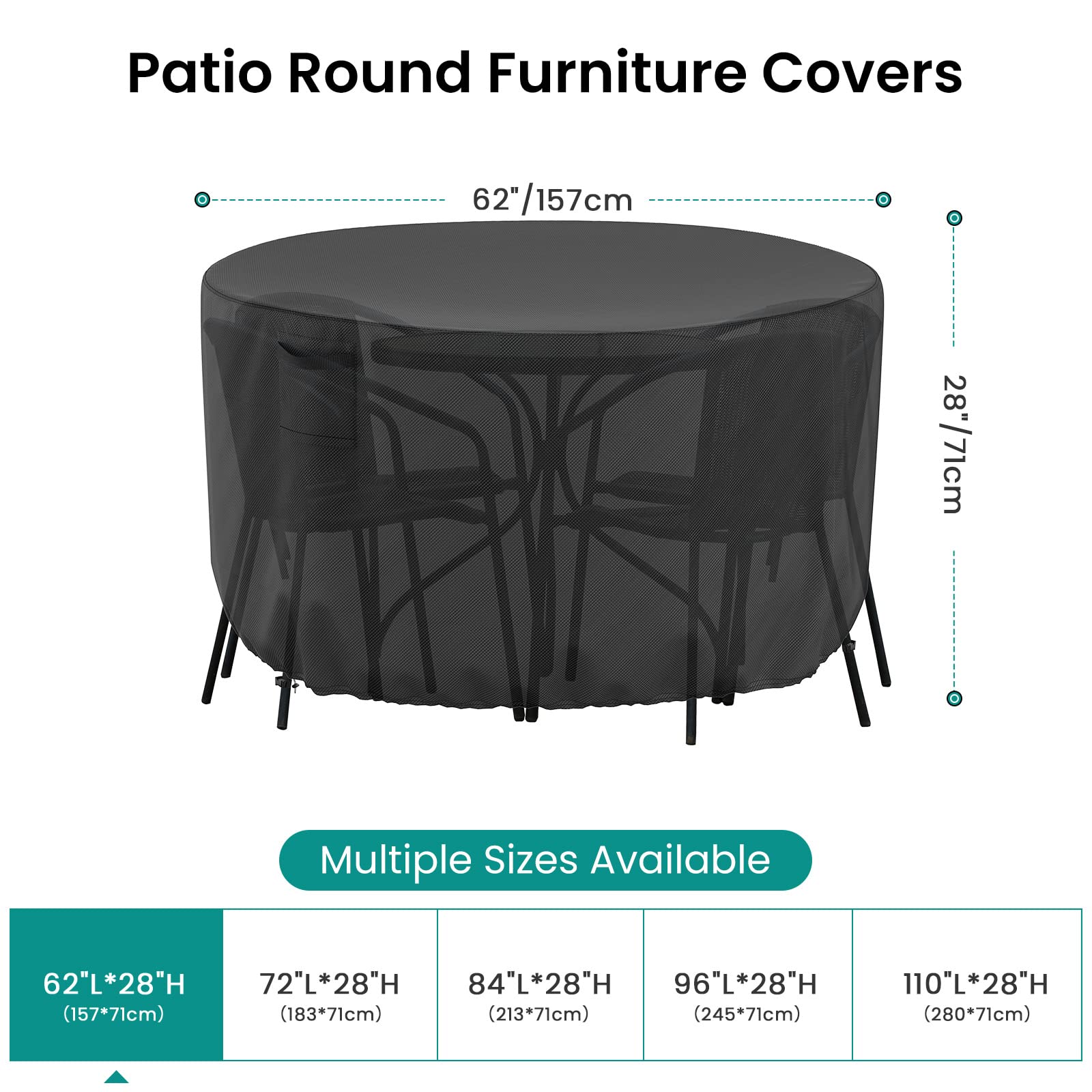 Heavy-Duty 600D Waterproof Round Outdoor Table Cover - 62