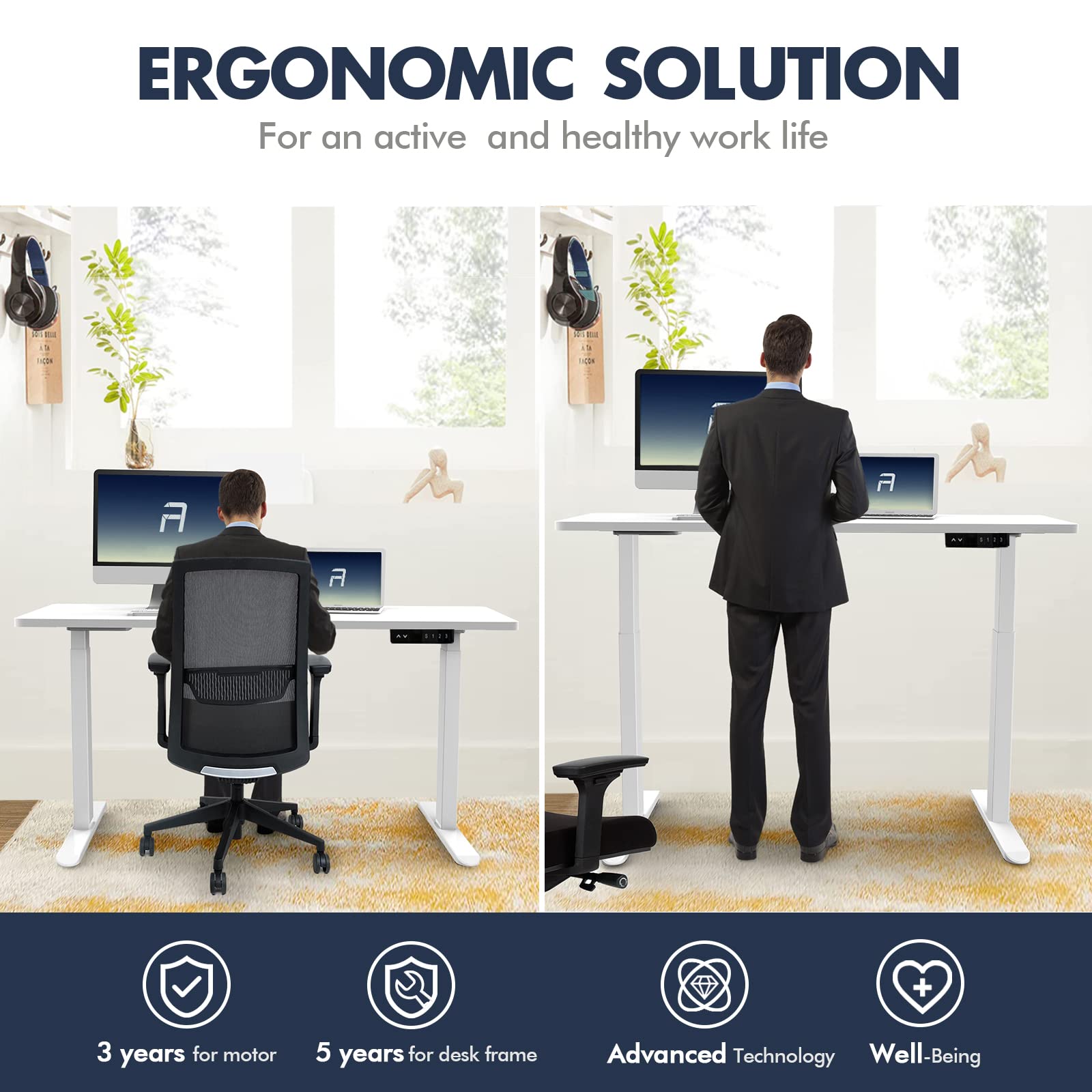 AIMEZ0 Dual Motor Electric Adjustable Height Standing Desk Frame 27.4-45.6 Inches - Motorized Sit Stand Workstation for Home Office, White Frame - Perfect for Ergonomic Workspace & Productivity Boost