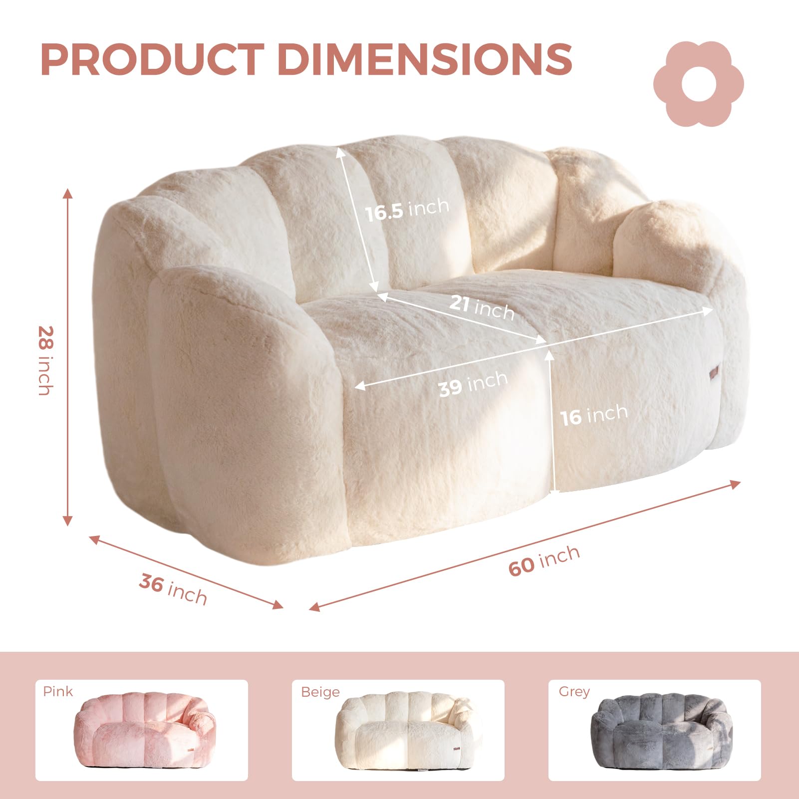 MAXYOYO Ultra Soft Faux Fur Bean Bag Chair - Double Size Loveseat with Floral Petal Back Design for Adults (Beige) | Perfect for Living Room, Bedroom, Dorm & Game Room Relaxation