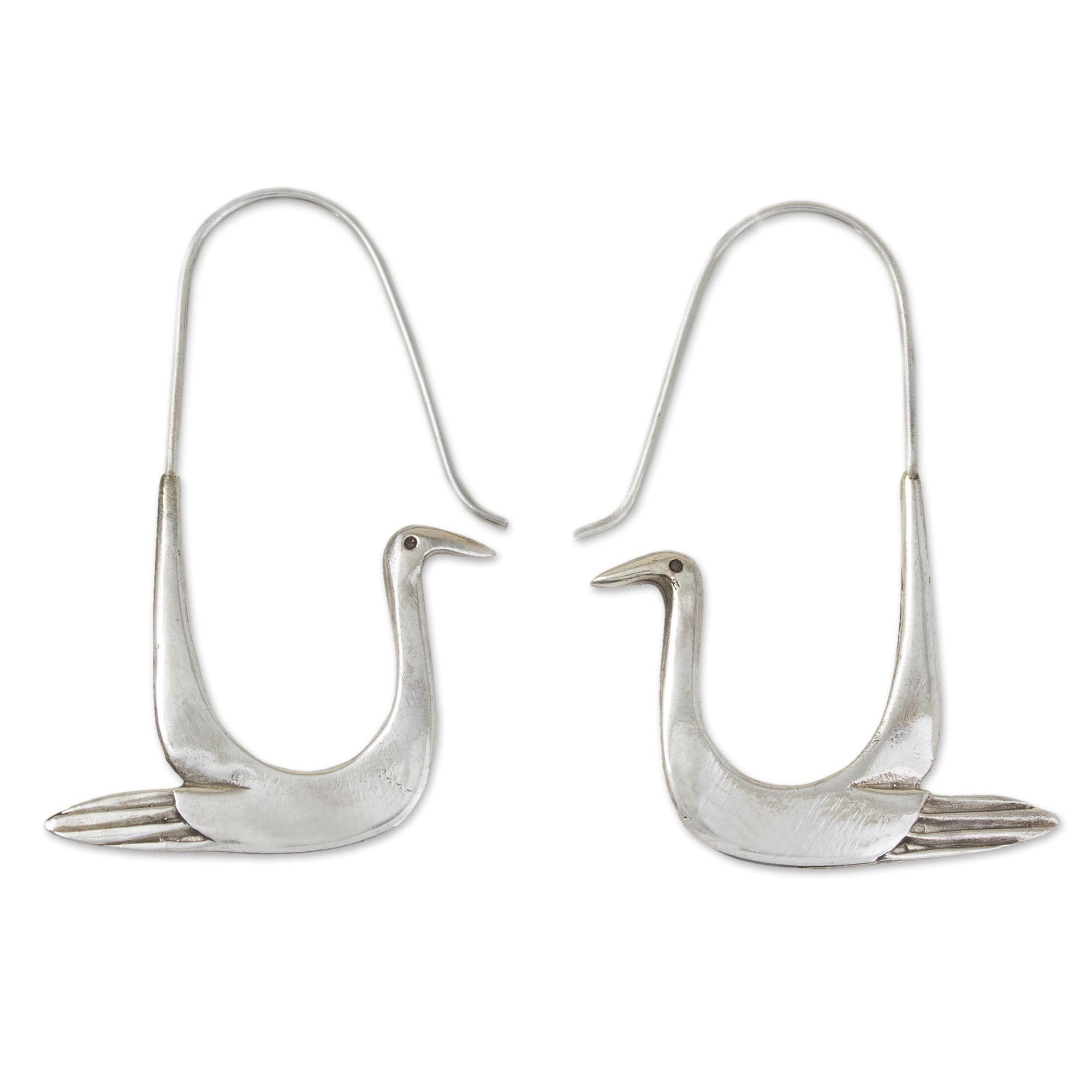 Handmade Sterling Silver Hoop Earrings with Bird Drop - 'Silver Dove' Design (1.8