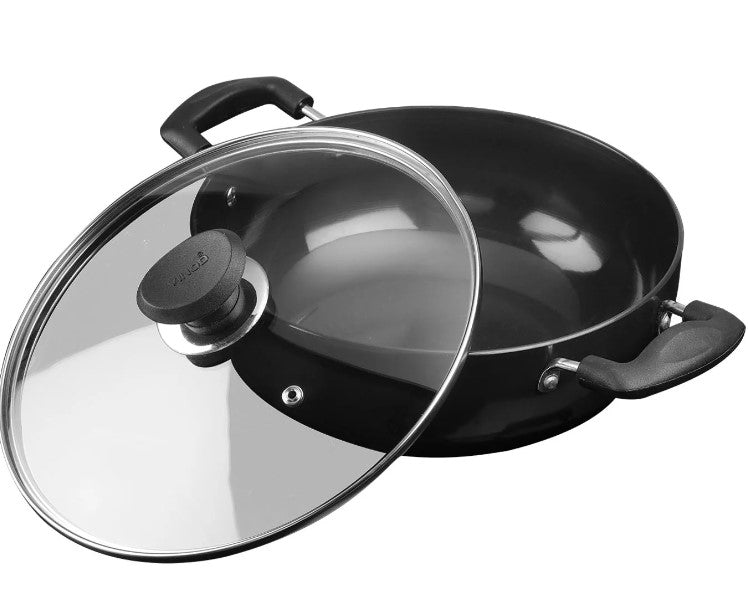 Premium Vinod Hard Anodized 20cm Deep Kadai with Tempered Glass Lid - 2.1L Nonstick Indian Cooking Pot - Perfect for Biryani, Curry & Deep Frying