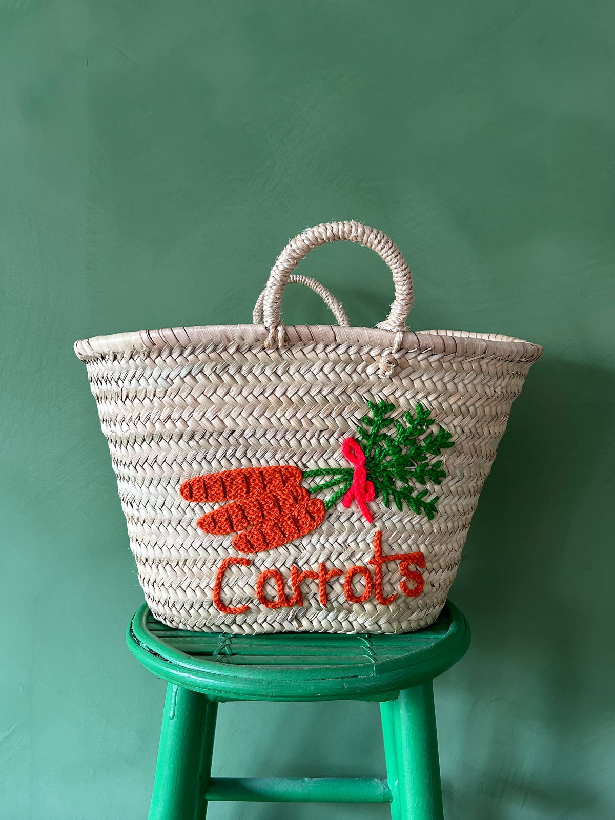 Hand Embroidered Cotton Market Basket with Carrot Design - Perfect for Farmers Market, Grocery Shopping & Picnic Essentials
