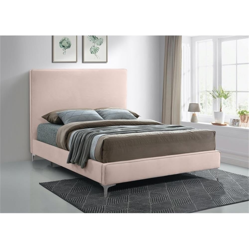 Modern Velvet Upholstered Bed with Gold/Chrome Headboard - Meridian Furniture Geri Collection Full Size Pink Bed for Luxurious Bedroom Decor | Contemporary Bedroom Furniture for Master & Guest Rooms