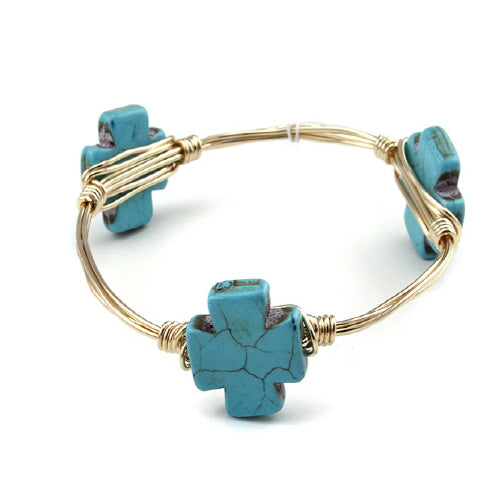 Turquoise Cross Wire Bangle Bracelet - Elegant Boho Jewelry for Women, Perfect for Casual Wear, Parties & Gifts