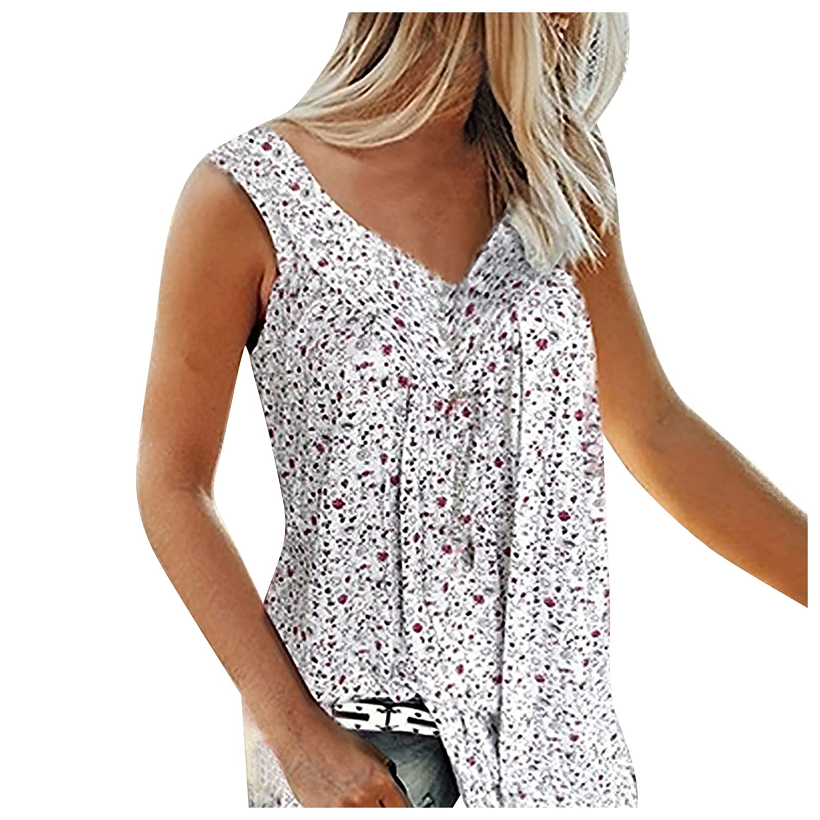Floral Print V-Neck Sleeveless Blouse for Women - Loose Fit Summer Casual Top (White, Small) | Perfect for Beach Outings, Vacation Wear & Everyday Comfort