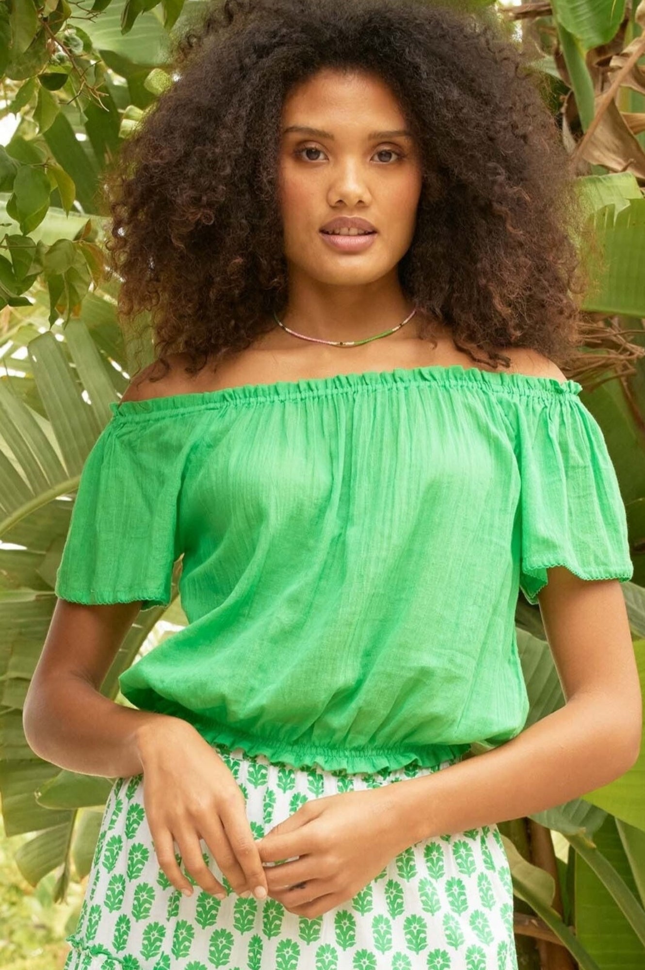 Ilana Frill Organic Cotton Gauze Top for Women - Breathable Green Boho Blouse for Summer, Beach, and Casual Outings