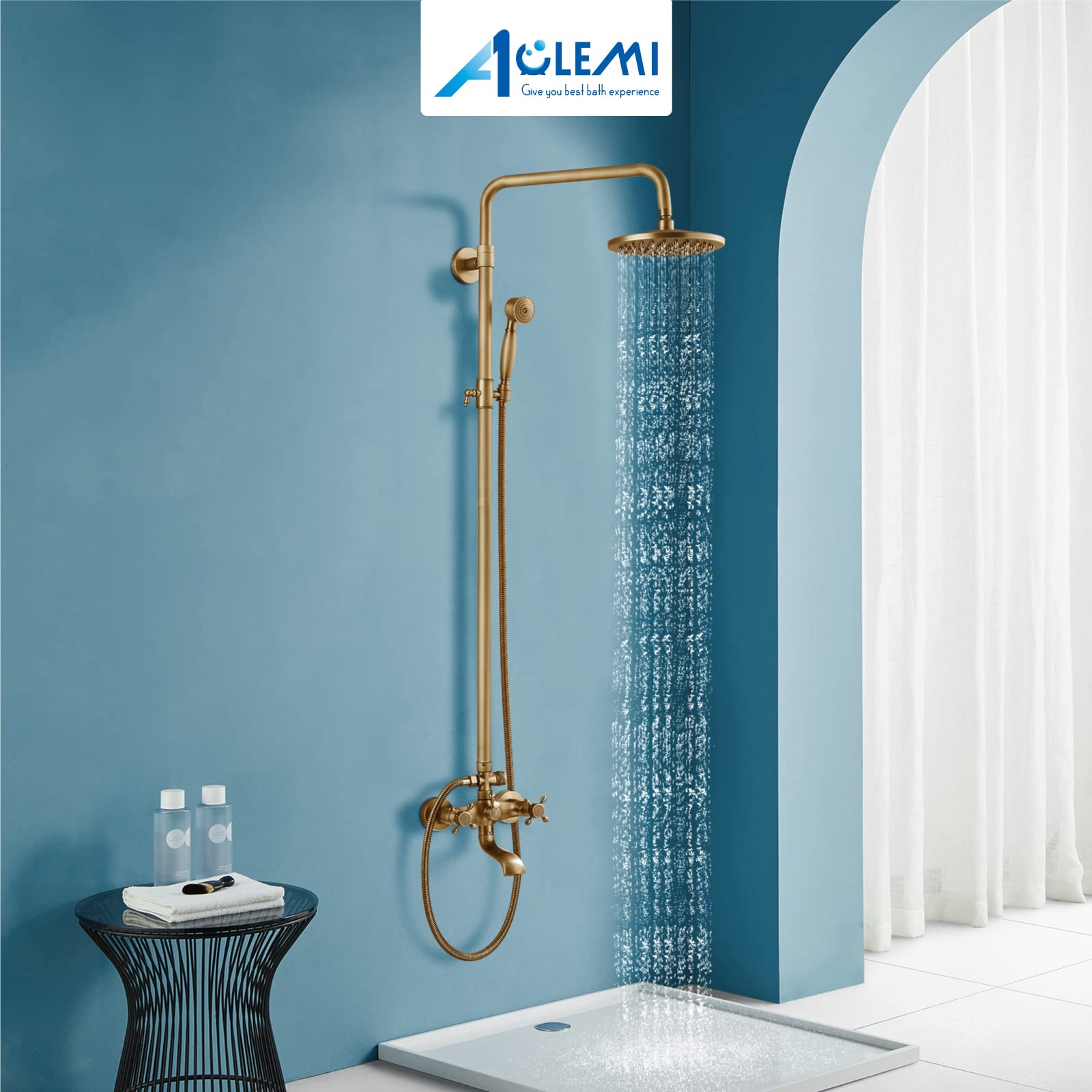 Vintage Antique Brass Tub Shower Faucet Set - 8 Inch Rainfall Shower Head with Handheld Spray, Triple Function Mixer Valve for Bathroom Remodeling | Perfect for Classic & Farmhouse Style Bathrooms
