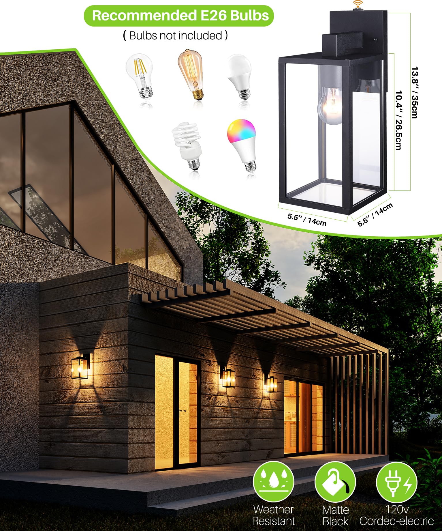 Dusk to Dawn Outdoor Wall Lights - Waterproof Aluminum Porch Sconce for Patio, Garden & Exterior - Modern Matte Black Finish (Bulbs Not Included) - Perfect for Entryway Lighting, Backyard Illumination & Nighttime Safety