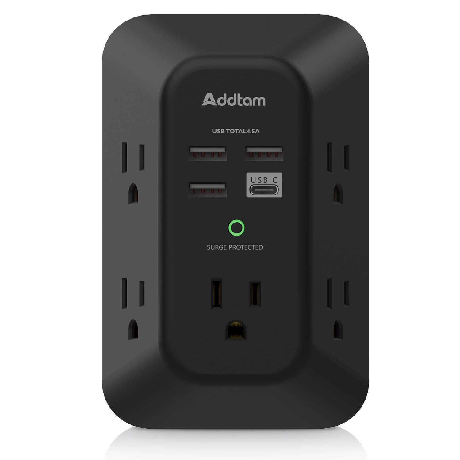 Addtam 5-Outlet USB Wall Charger with 4 Ports (1 USB-C) & Surge Protection - 1800J Power Strip, Multi Plug Adapter for Home, Office & Travel - Black