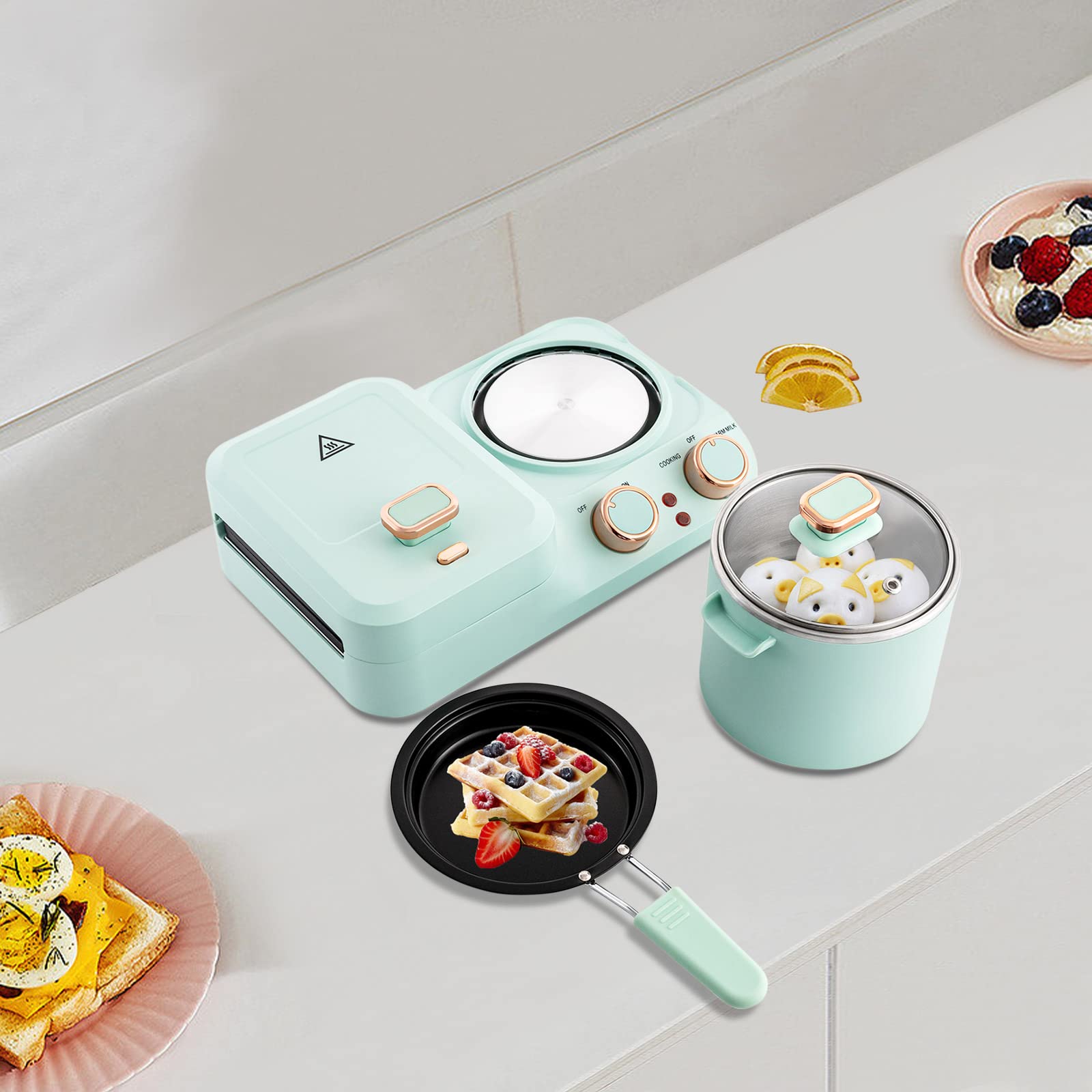 3 in 1 Electric Breakfast Station - Retro Toaster, Sandwich Maker & Non-Stick Frying Pan with Detachable Plates & Glass Lid Stockpot - Perfect for Quick Breakfast, Family Meals & Small Kitchen Appliances