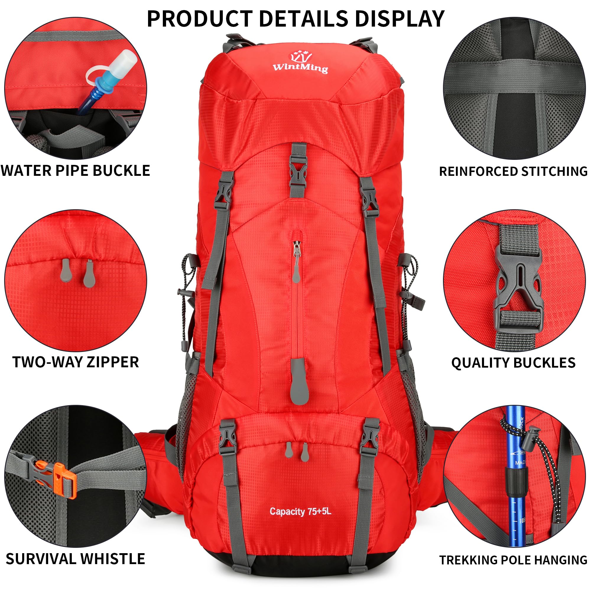 **WintMing 75L Waterproof Hiking Backpack with Rain Cover - Lightweight Camping Backpack for Men & Women - Perfect for Outdoor Adventures, Travel & Trekking**