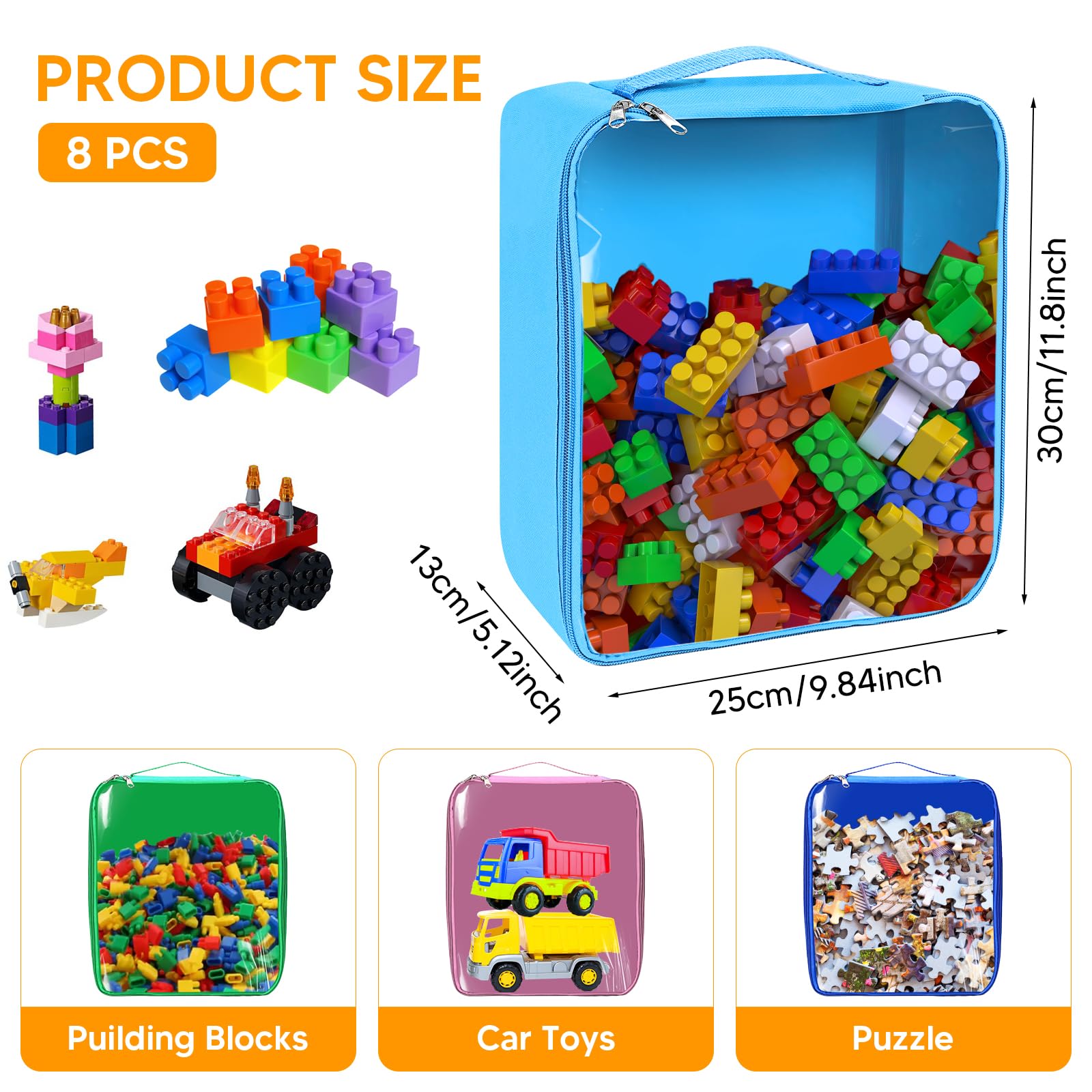 8 Pack Clear PVC Zipper Toy Storage Bags - Waterproof Organizing Pouches for Building Blocks, Books, Puzzles - Perfect for Kids Room, Playroom & Travel Organization