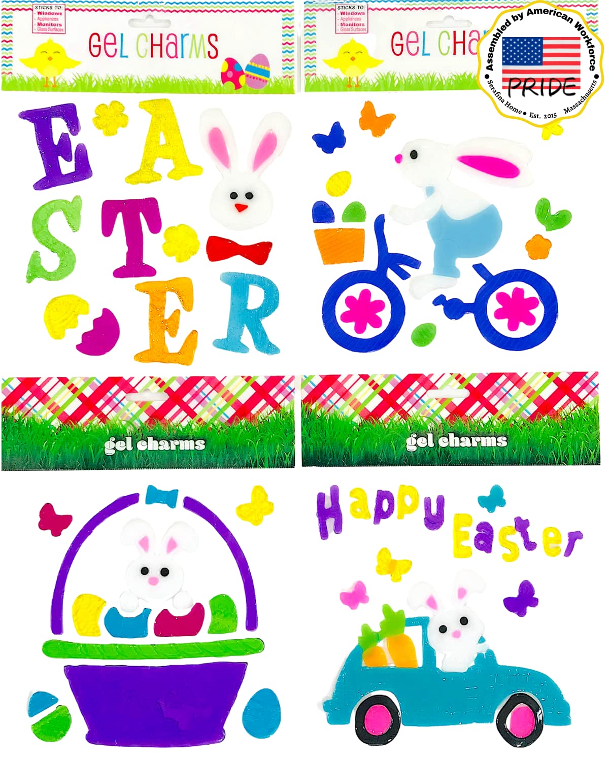Happy Easter Window Gel Clings Decorations - Colorful Bunnies, Eggs, Butterflies, Bikes, Cars & Baskets Stickers for Spring Holiday (Assortment 2) - Perfect for Home, Office & Classroom Easter Decor