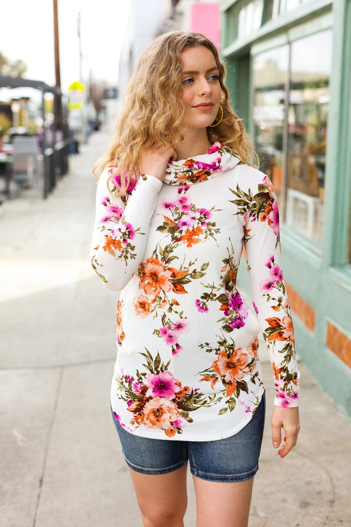 Elegant Cream Floral Cowl Neck Sweater Top for Women - Cozy Winter Knit Pullover for Casual Outings & Office Wear