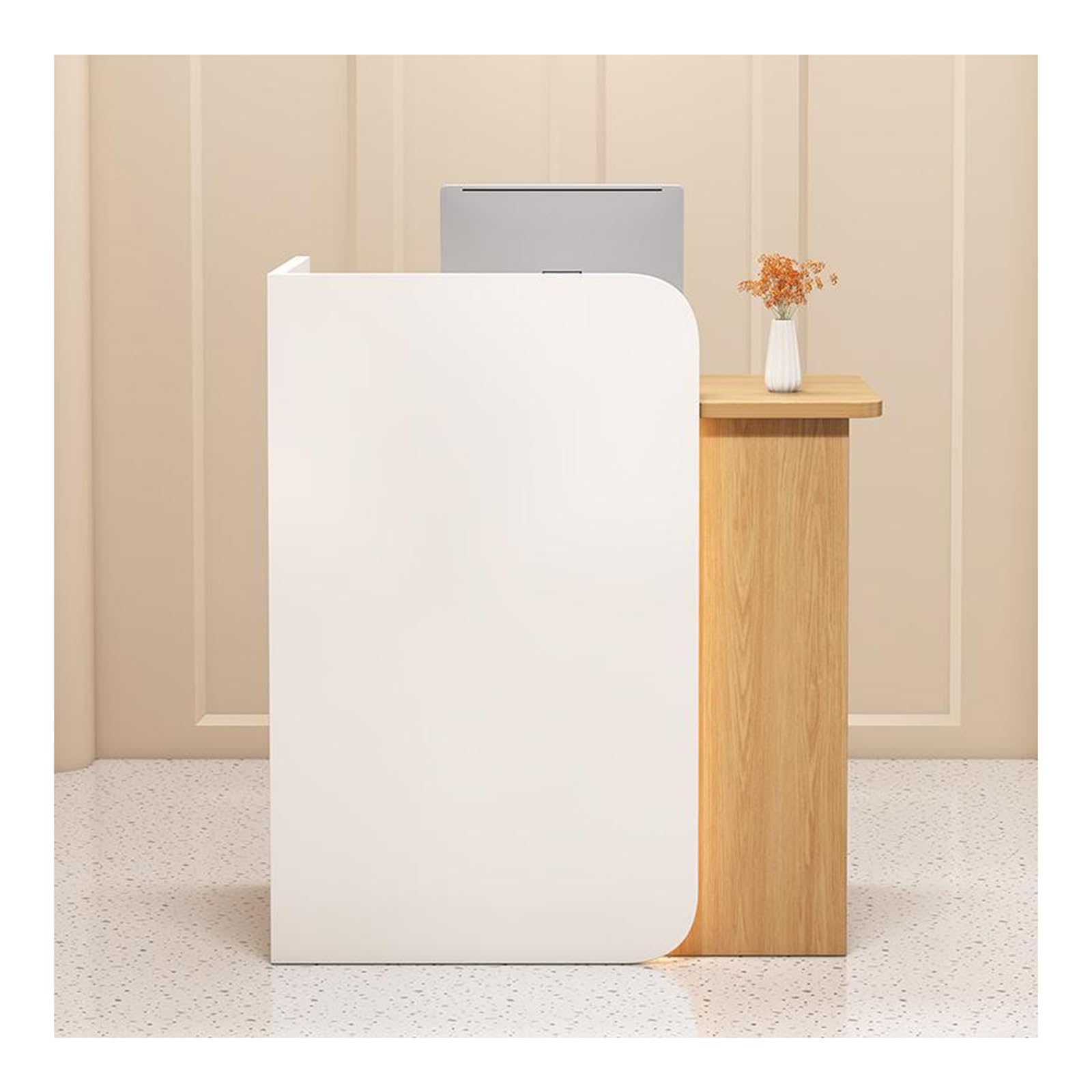 Modern LED Reception Desk with Lockable Drawer - White & Yellow Front Counter for Retail Stores, Supermarkets, Hotels & Offices - Perfect for Checkout Counters, Lobby Reception & Customer Service Areas