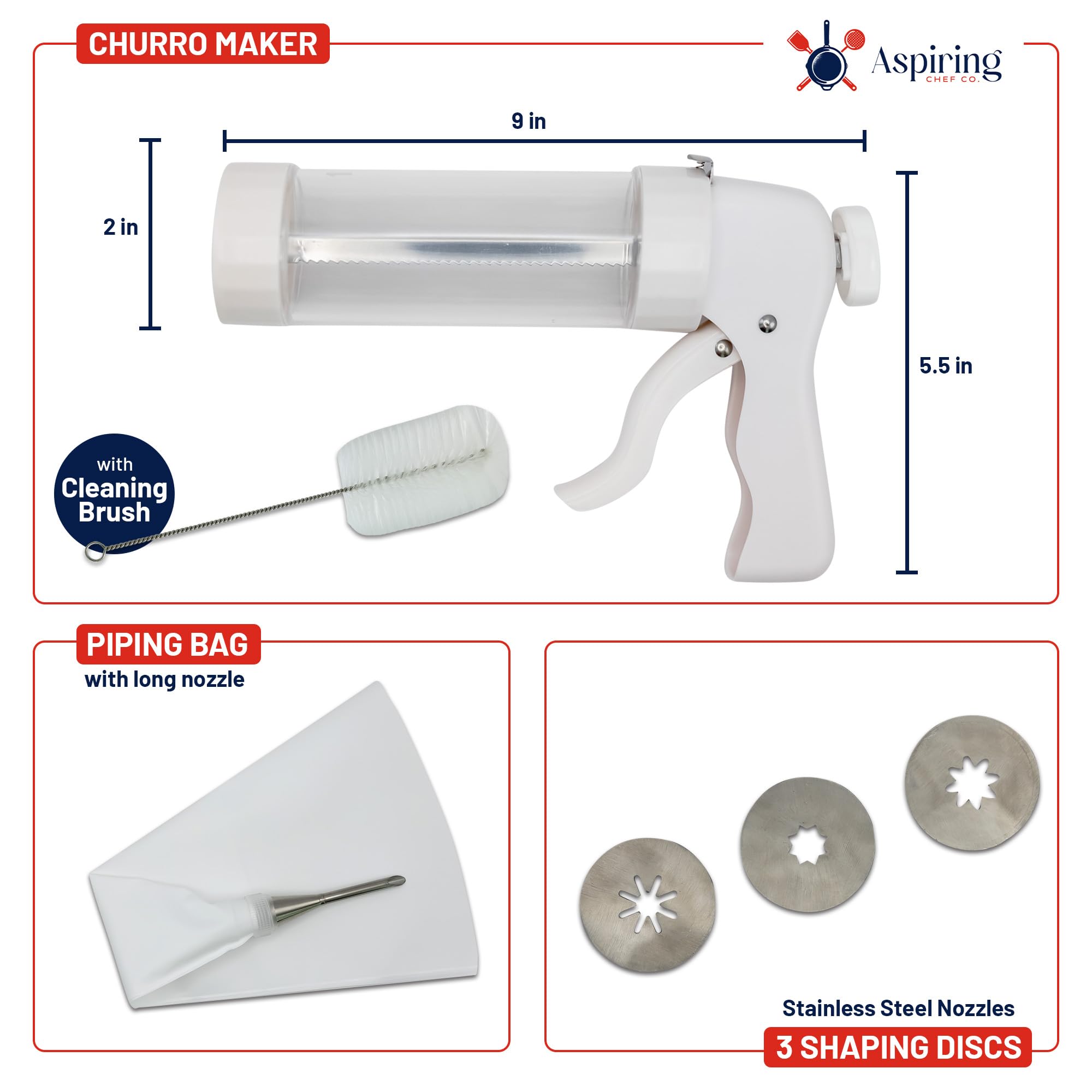 Churro Maker Machine Kit with Gun Handle, Stainless Steel Nozzles, Piping Bag & Recipe E-Book - Easy to Clean Churros Making Set for Home Baking, Party Snacks & Spanish Dessert Preparation