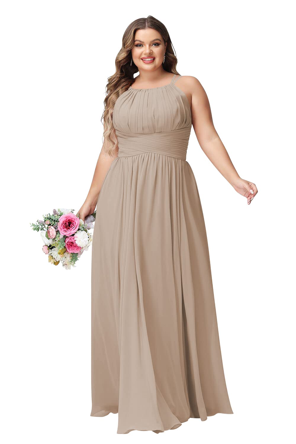 Clothfun Women's Plus Size Halter Chiffon Bridesmaid Dress with Pockets - A-Line Pleated Long Formal Gown for Weddings, Parties & Special Occasions