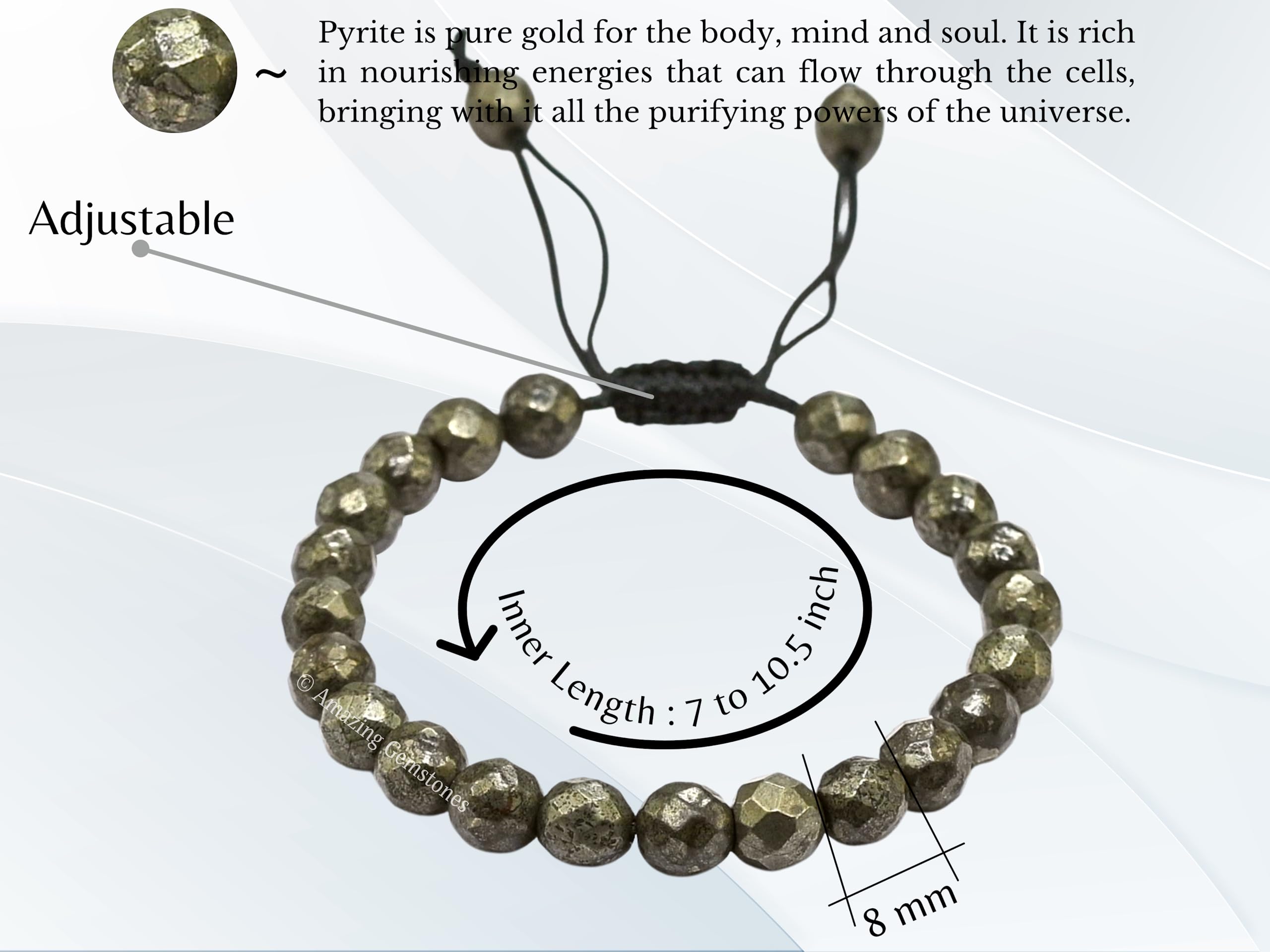 Pyrite Healing Bracelet for Women & Men - Adjustable Chakra Protection Crystal Beaded Bracelet with Faceted Stones - Spiritual Meditation Jewelry Gift for Christmas, Yoga, Energy Healing & Daily Wear