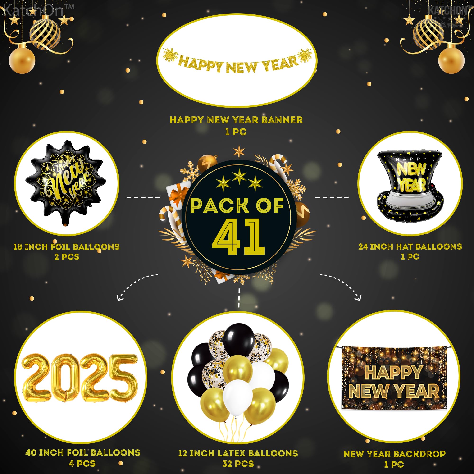 KatchOn 2025 New Year's Eve Party Supplies - 41-Piece Balloon Arch Kit, Happy New Year Banner & Decorations Set | Perfect for NYE Countdown, Home & Office Celebrations
