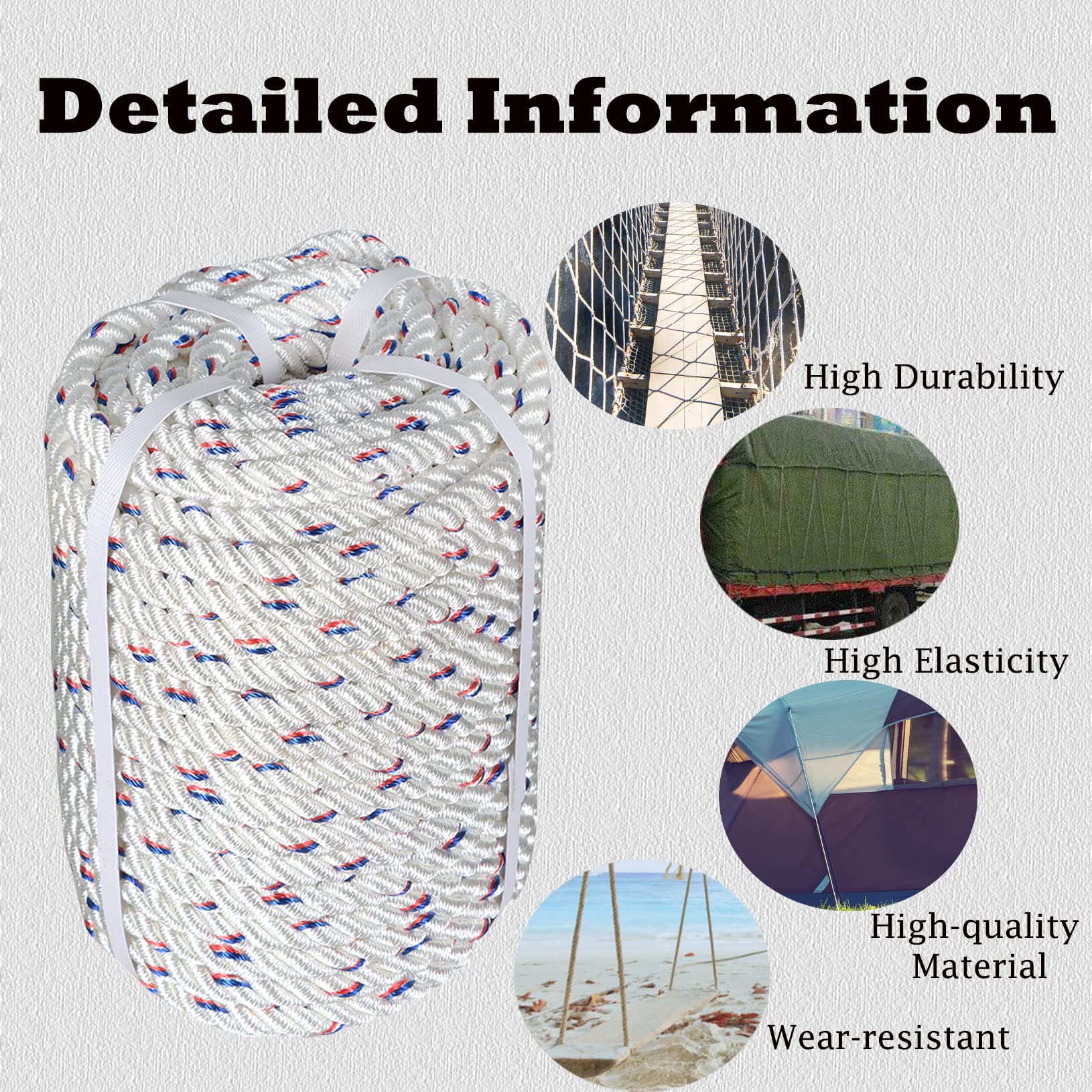 LABLT 5/8 Inch Double Braided Polyester Rope - 150ft High Strength Arborist Bull Rope for Tree Climbing, Rigging, Camping & Swings | Lightweight & Heavy Duty | White, Red, Blue Options | Perfect for Outdoor Adventures, DIY Projects & Emergency Use