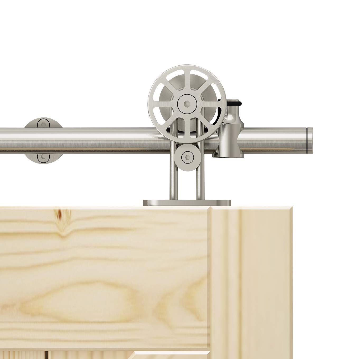 12FT Stainless Steel Double Sliding Barn Door Hardware Kit with Top Mount Spoke Wheel Rollers - Brushed Finish for Modern Farmhouse, Loft, and Industrial Style Homes
