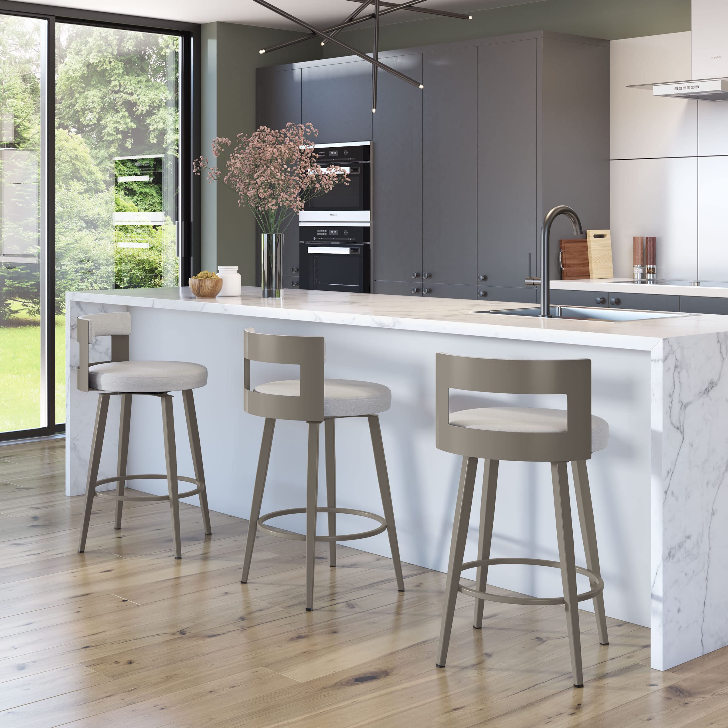 Amisco Paramont 30 Inch Swivel Bar Stool - Light Grey Polyester Fabric with Grey Metal Frame - Perfect for Kitchen Islands, Home Bars, and Breakfast Nooks